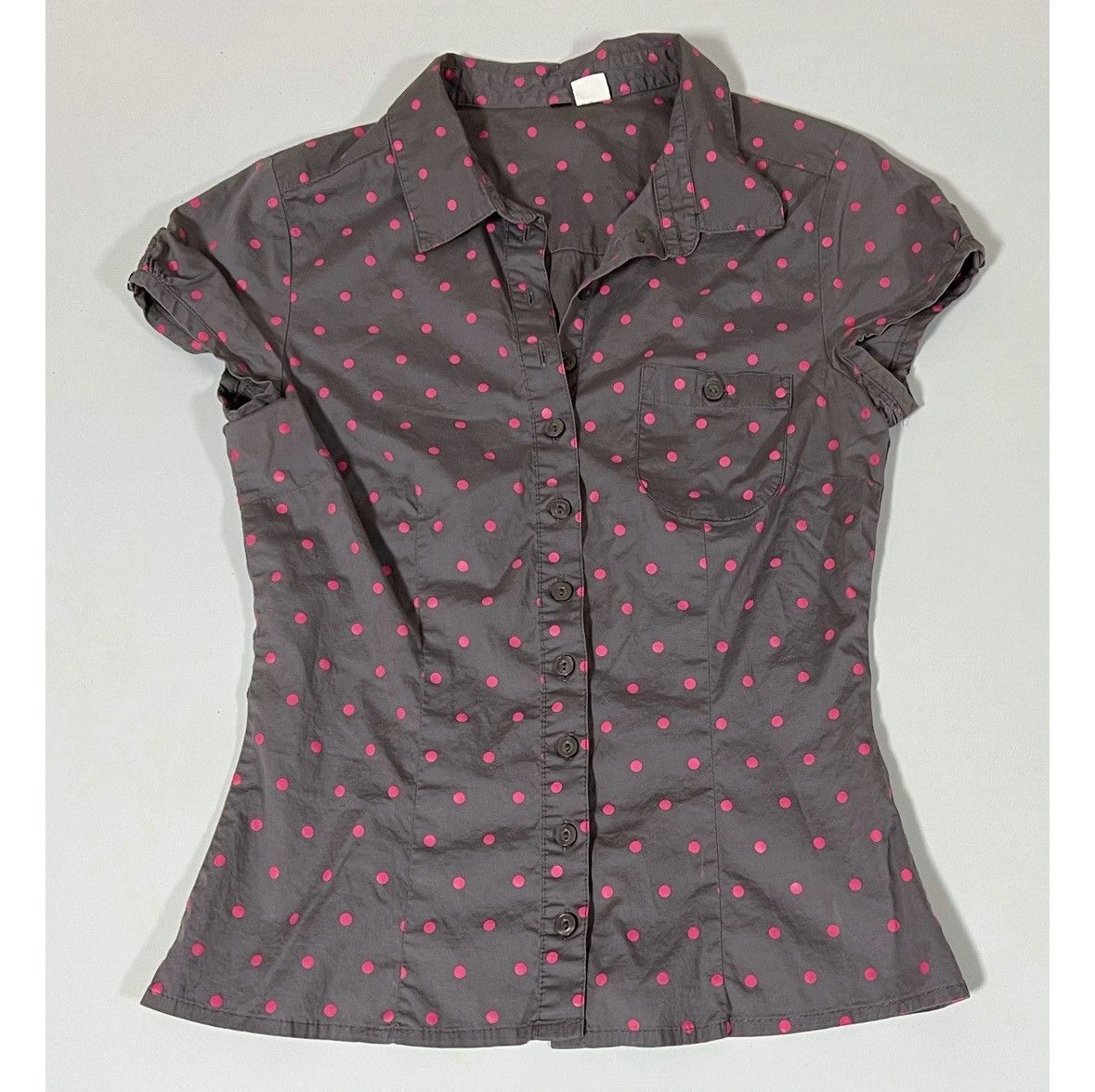 Vintage Gray Pink Polka Dot Button-Down Shirt Top Blouse Size 6 🩶 Size M / US 6-8 / IT 42-44 - 2 Thumbnail