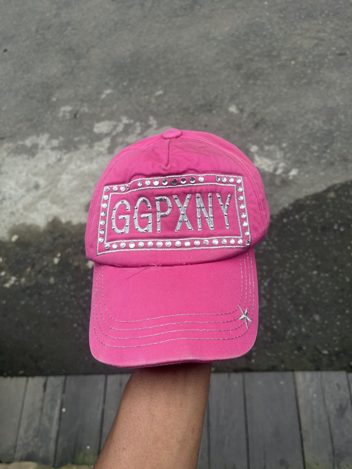 Japanese Brand GGPX New York Pink Rhinestone "GGPXNY" Distressed Hat Y2K Size ONE SIZE - 5 Thumbnail