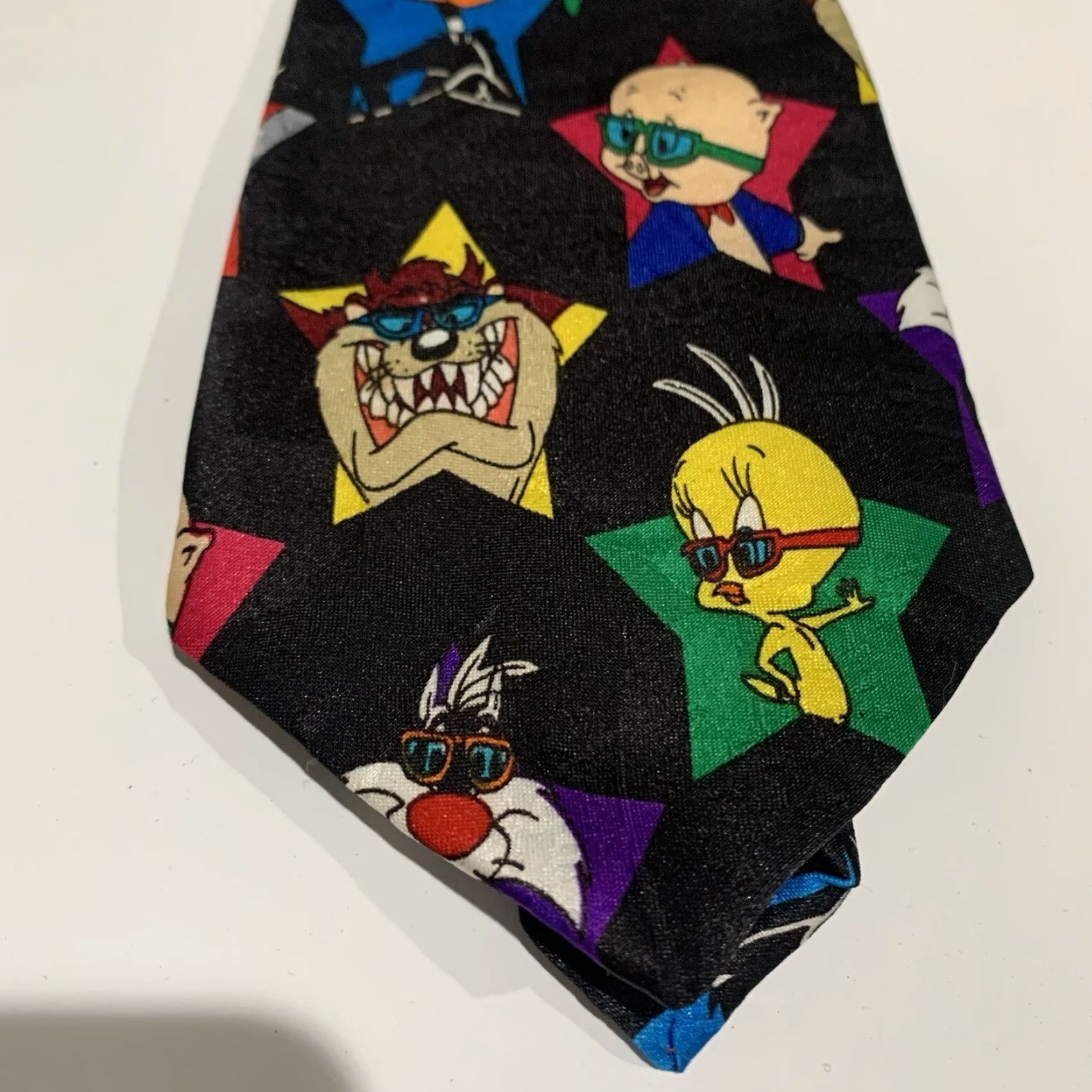 Vintage VINTAGE Looney Tunes Tie Men One Size Black Polyester Classic Width Tweety Daffy Porky Taz Sunglasses Size ONE SIZE - 2 Thumbnail