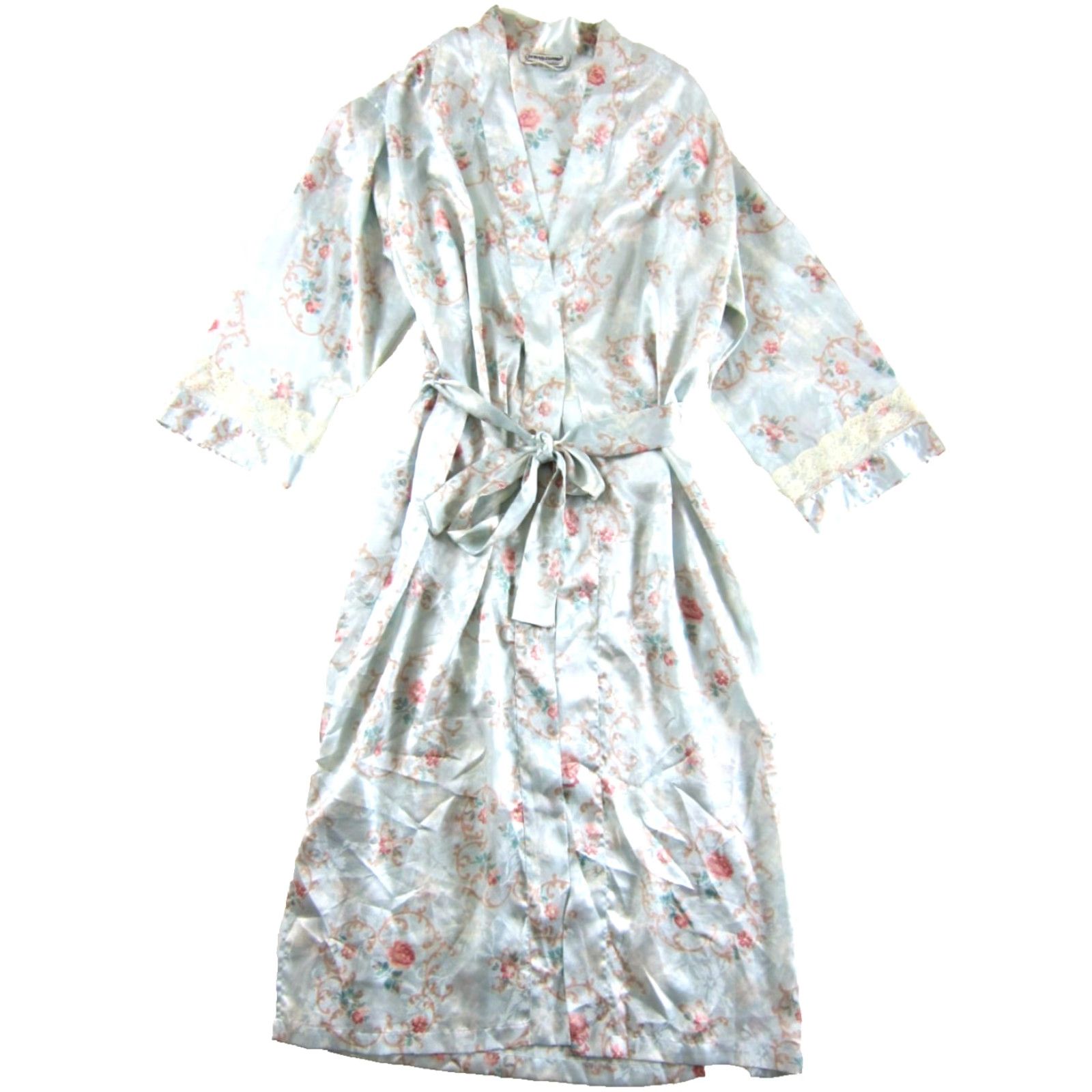 Vintage VINTAGE Lauren Alexandra Robe Women Medium Floral Silky Polyester Blue Pocket Belted Size ONE SIZE - 2 Thumbnail
