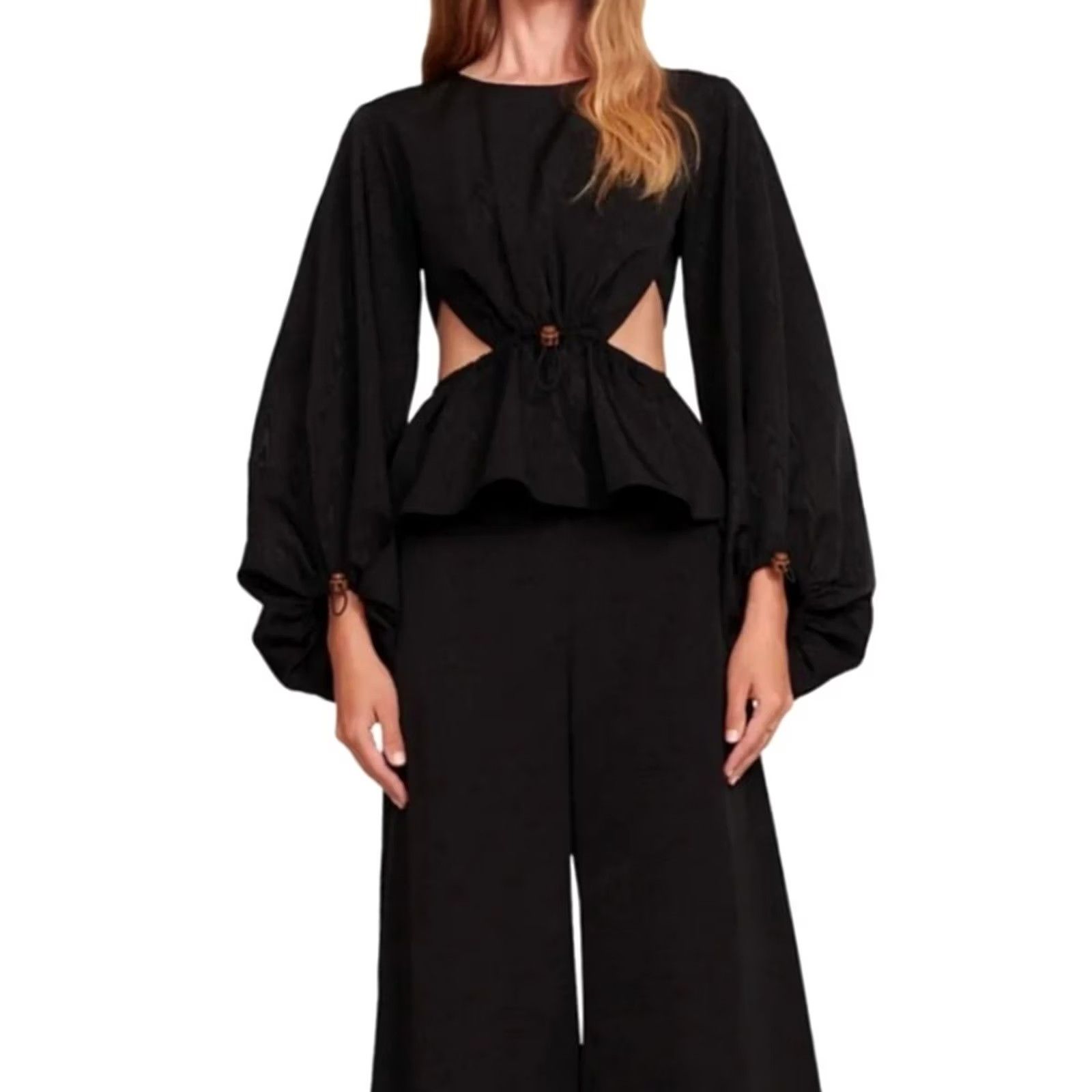Staud Staud Ivy Top Womens S Black Wood Grain Peplum Cut Out Festival Avantgarde Shirt Regular Womens Black Ivy Top S Size S / US 4 / IT 40 - 2 Thumbnail