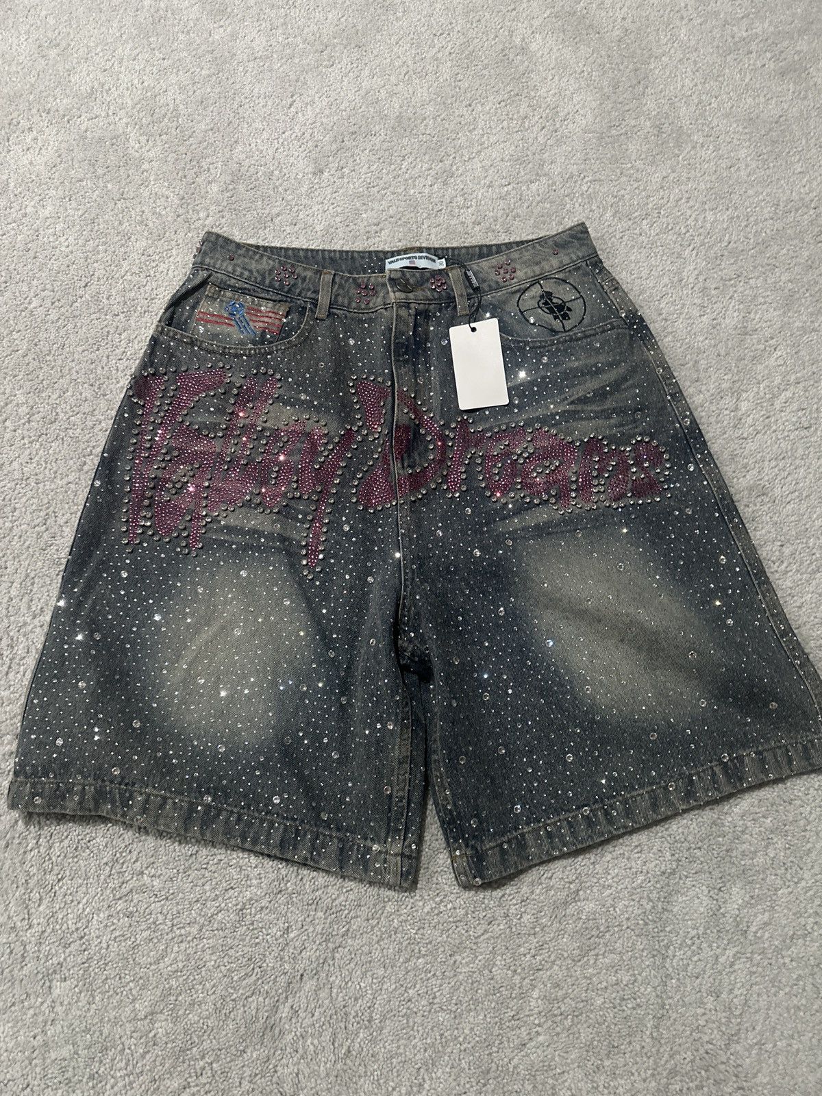 Vale Vale Pink Rhinestone Blue Denim Shorts Size US 30 / EU 46 - 1 Thumbnail