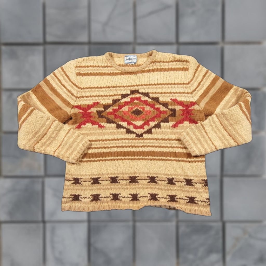 Pendleton Sweater Womens Large Beige Chunky Knit Crew Neck Fair Isle Aztec Regular Fit