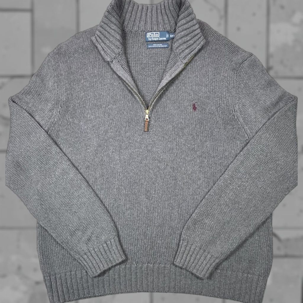 Polo Ralph Lauren VINTAGE Polo Ralph Lauren Mens 2XL Gray Quarter Zip Heavyweight Sweater Mockneck Maroon Pony Knit Pullover Zipper Embroidered Logo Size US XXL / EU 58 / 5 - 1 Thumbnail