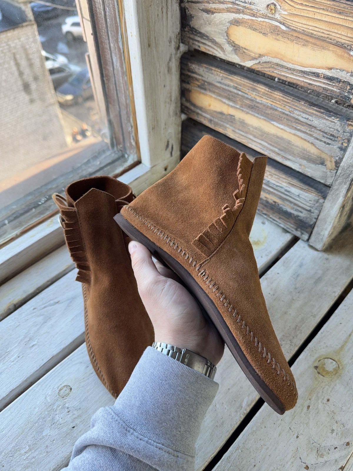 Vintage Vintage 00s Western USA Made Suede Fringe Moccasin Boots Size US 7 / IT 37 - 8 Thumbnail