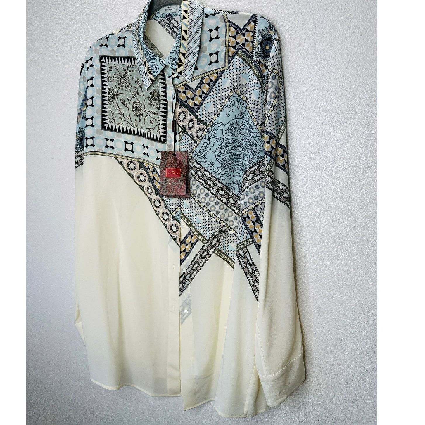 Etro ETRO Cream Blue Multi Geometric Print Collar Blouse 46 / L Size L / US 10 / IT 46 - 3 Thumbnail