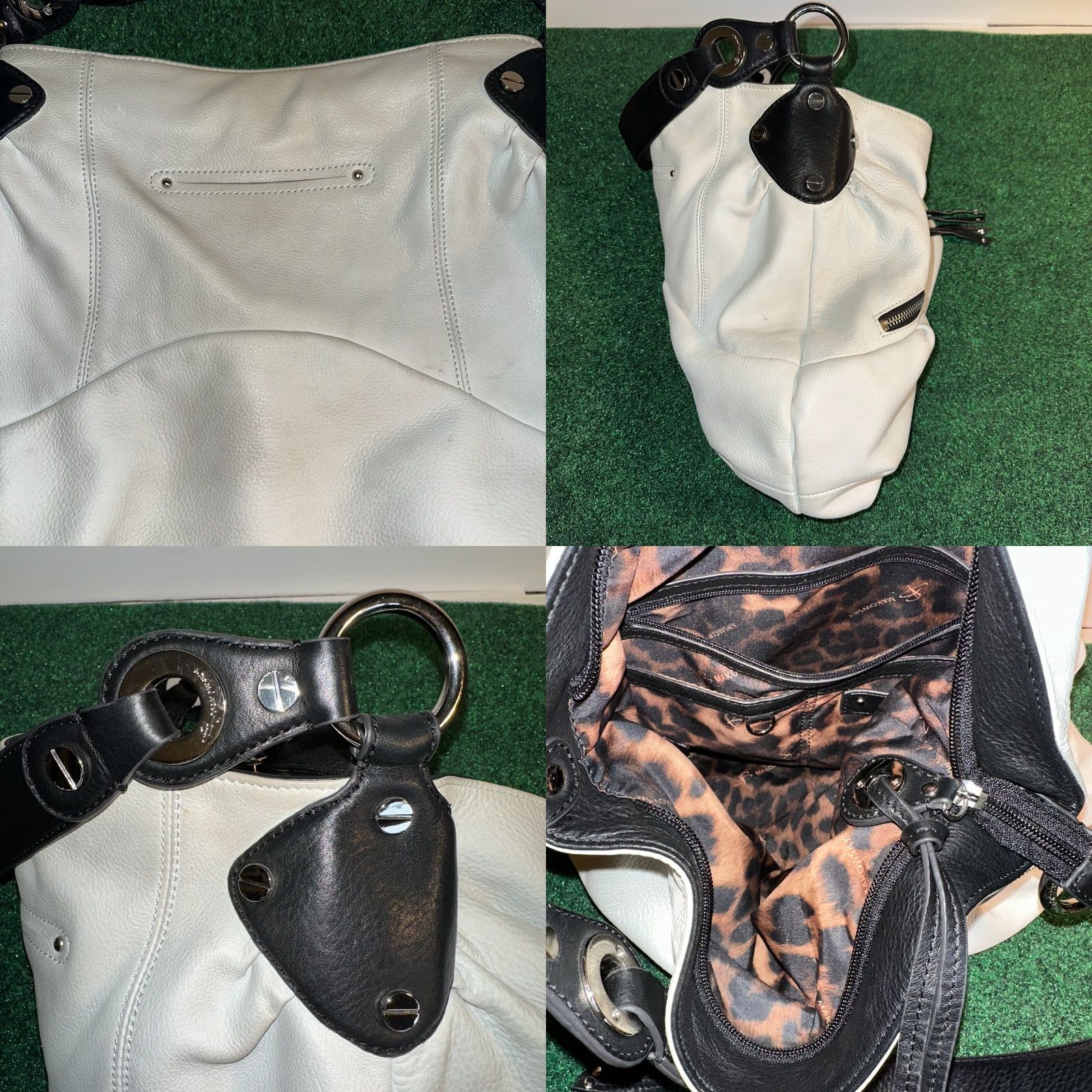 Vintage B Makowsky Shoulder Bag White Leather Handbag Black Shoulder Strap Zip Pockets Medium Womens 14in 12in Bag Width Height Bucket Purse Vintage No Size ONE SIZE - 8 Thumbnail