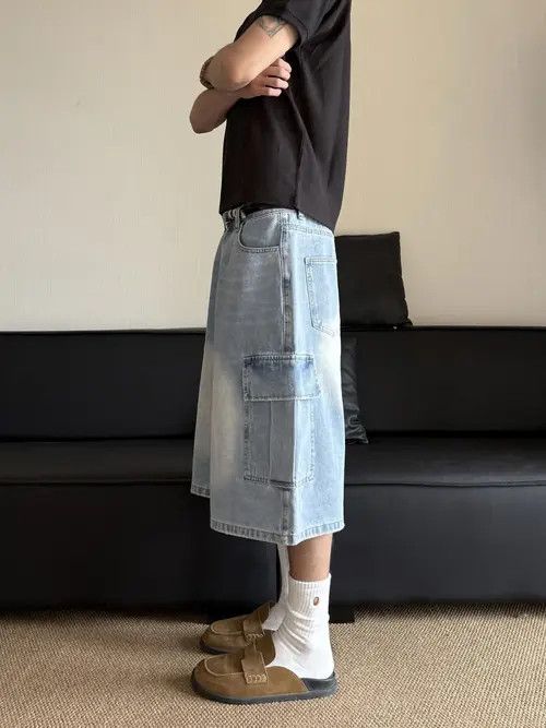 Jean Wakiko x Yumi Light Wash Cargo Denim Shorts, Wide Leg Jorts Size US 33 - 2 Thumbnail