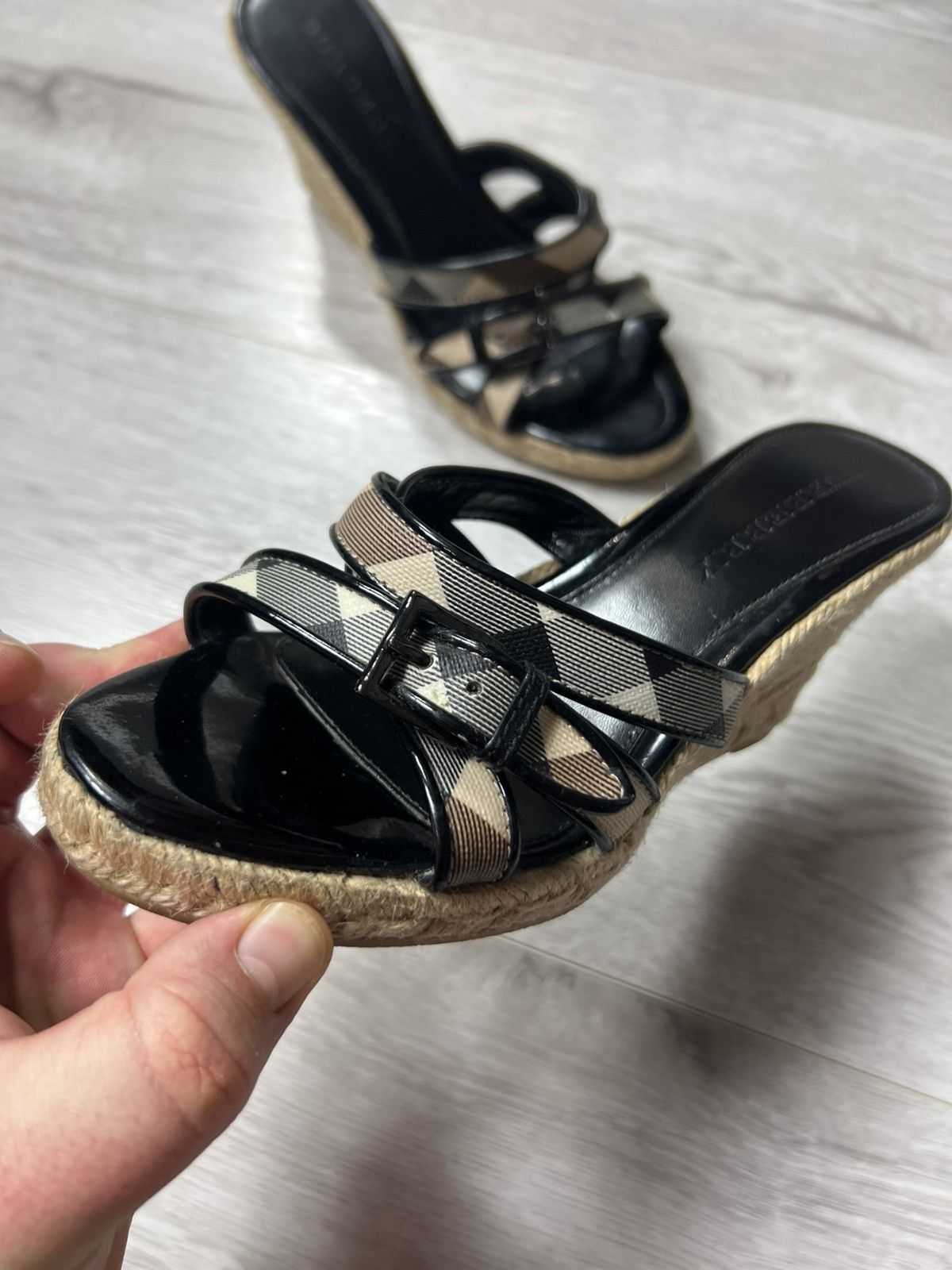 Burberry Women’s Nova Check Leather Wedge Espadrille Sandals