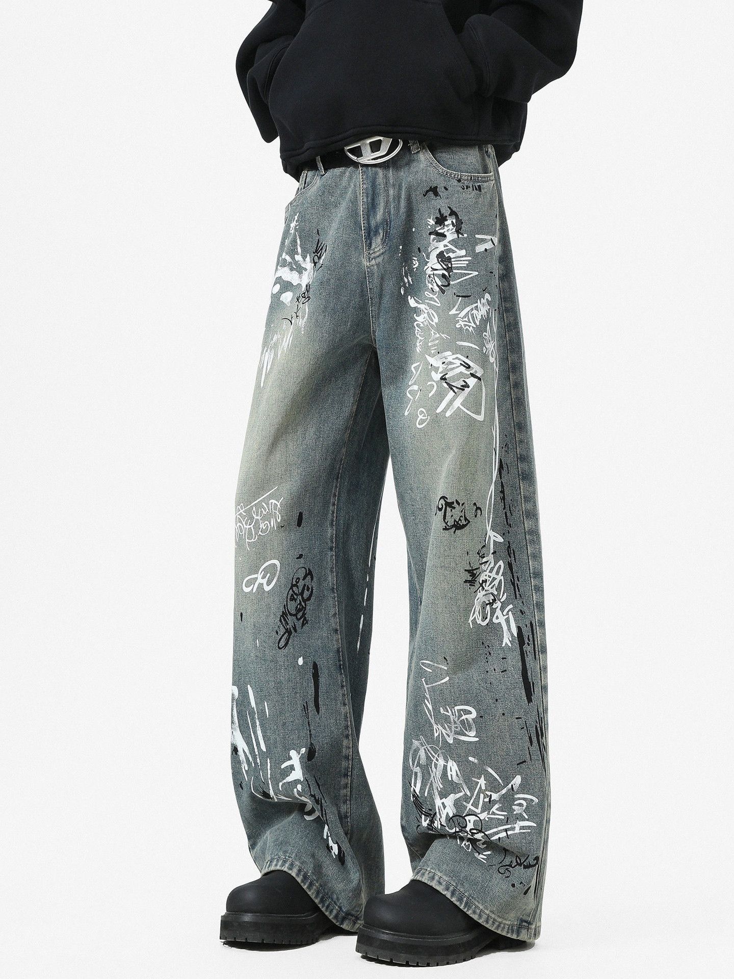 Jean High Street Men's Straight Leg Graffiti Casual Curved Jeans Size US 32 / EU 48 - 2 Thumbnail