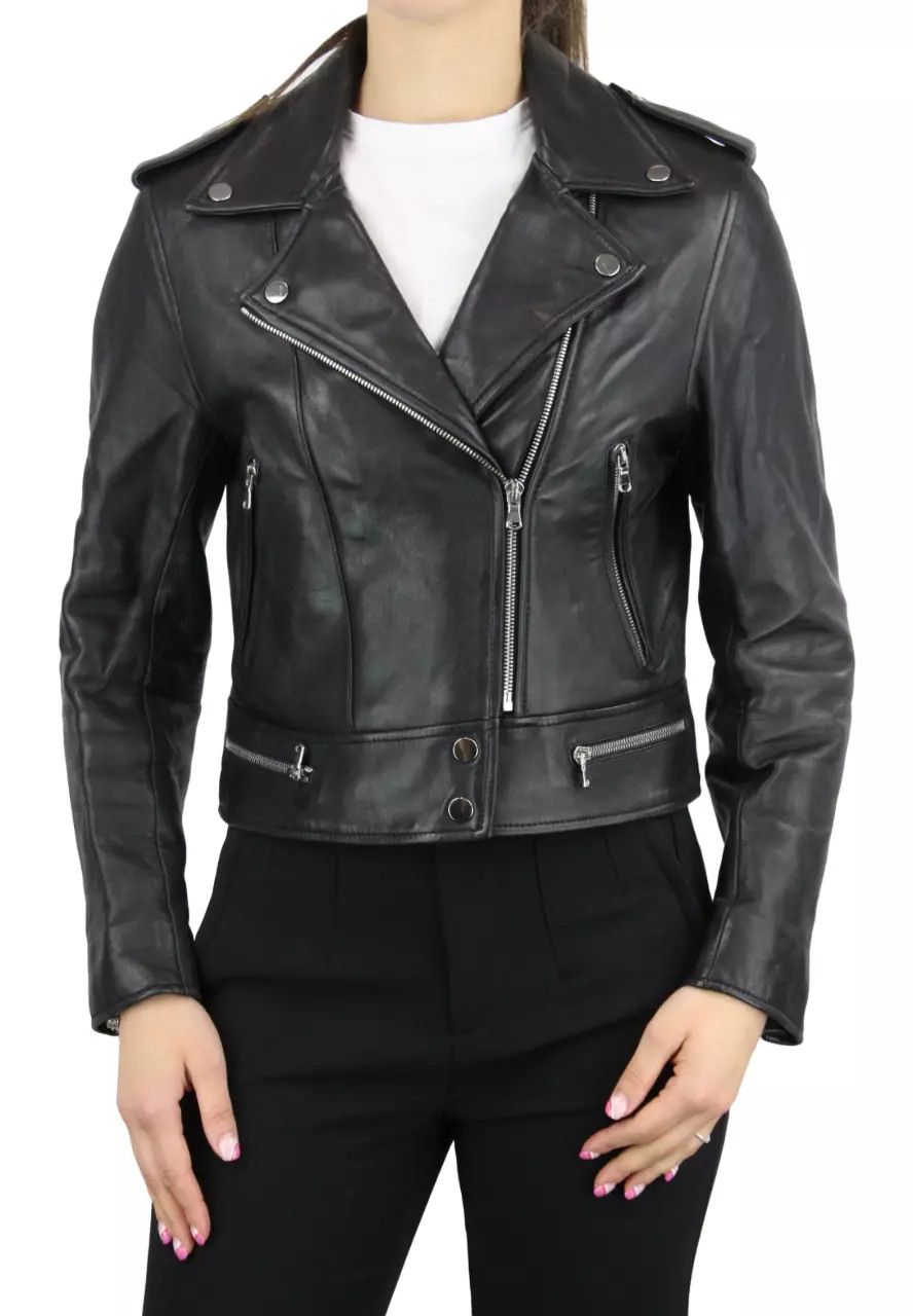 SANDRO Jacket Women's MEDIUM Lamb Leather Biker Full Zip