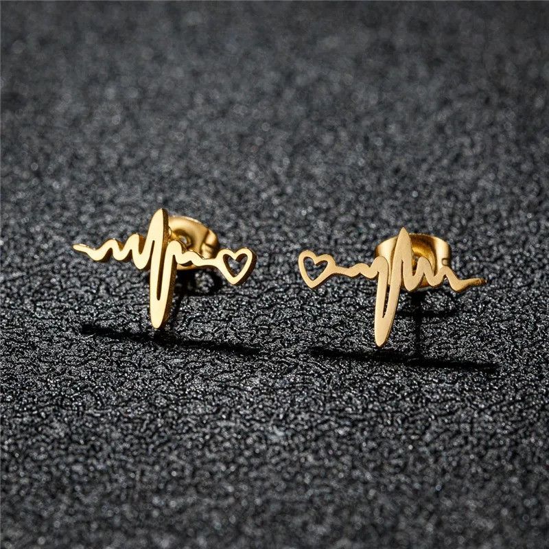Jewelry Heartbeat Stud Earrings Charm Stainless Earring Gift Size ONE SIZE - 1 Thumbnail