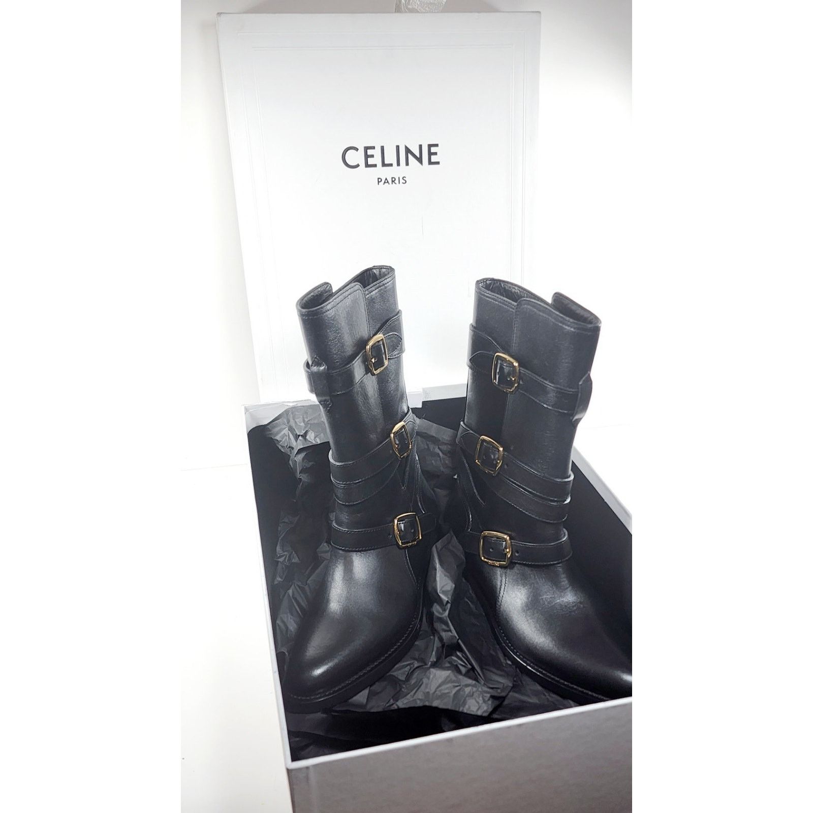 Celine $1450 NEW CELINE Leather Biker Boots US8 EU38 Black Logo . Size US 8 / IT 38 - 7 Thumbnail
