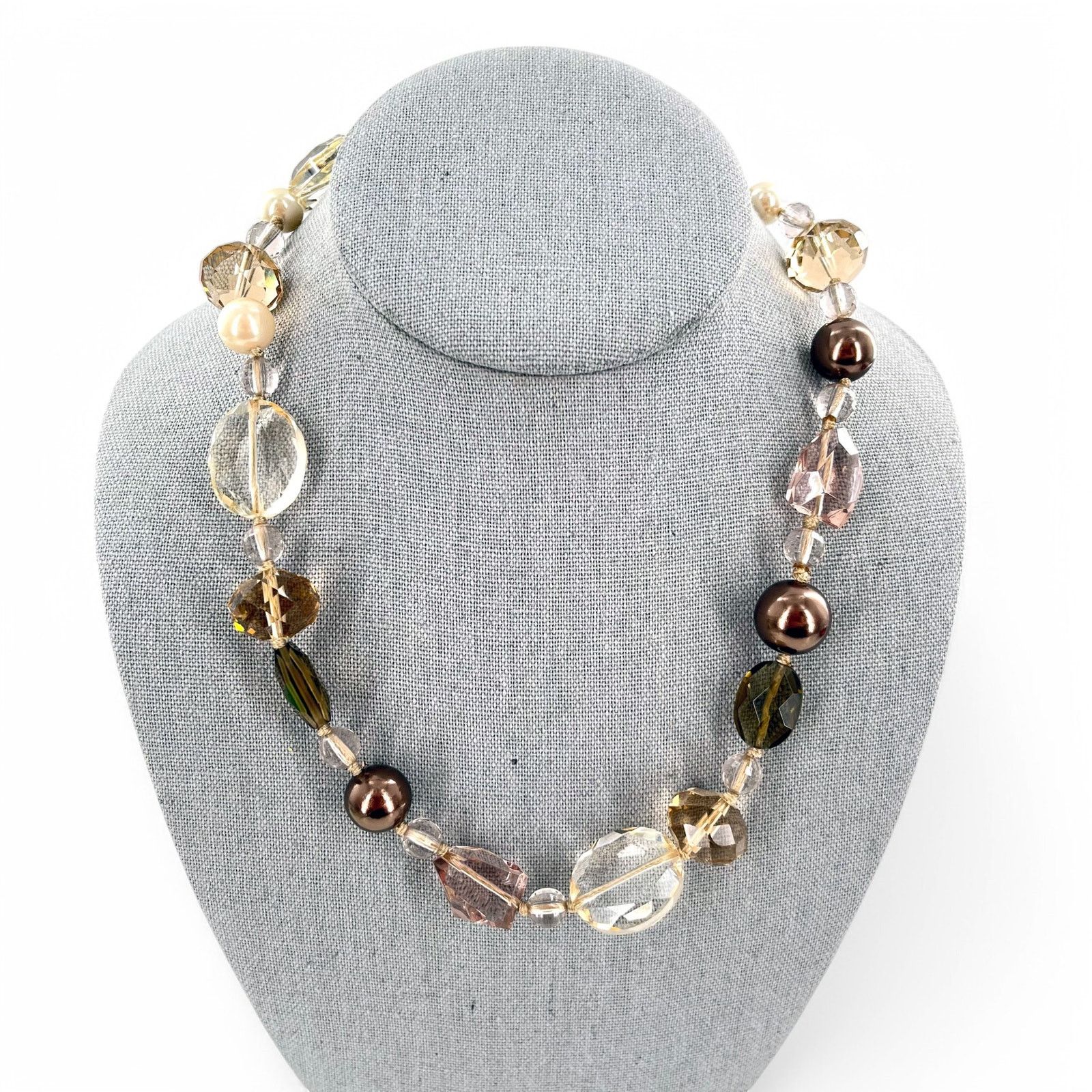 Other Stella and Dot Crystal Faux Pearl Necklace Brown Ribbon Tie Size ONE SIZE - 2 Thumbnail