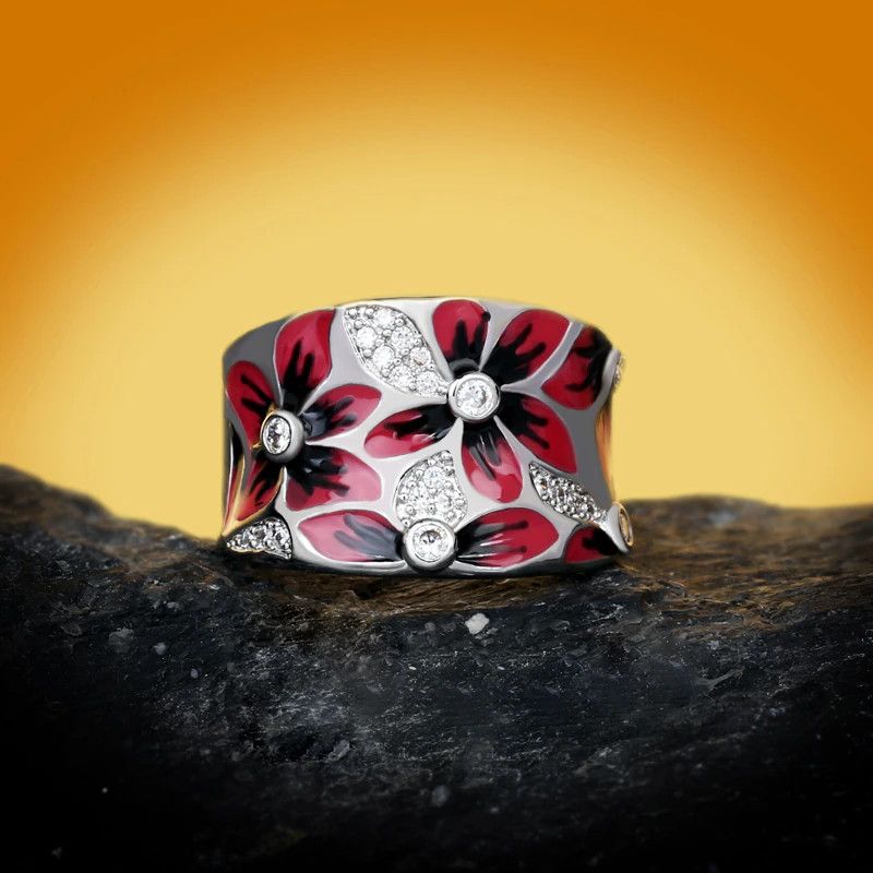 Jewelry Exquisite Red Flower Handmade Enamel Ring Size ONE SIZE - 2 Thumbnail