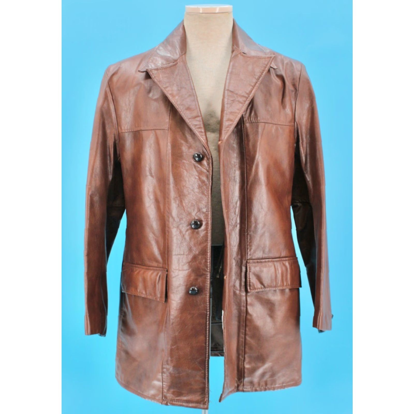 Vintage VINTAGE Mens 70s Leather Jacket Brown Sz 38 R 1970s The Leather Shop Disco Good condition Leather Shirt/Coat Mens Size US XXS / EU 40 - 2 Thumbnail