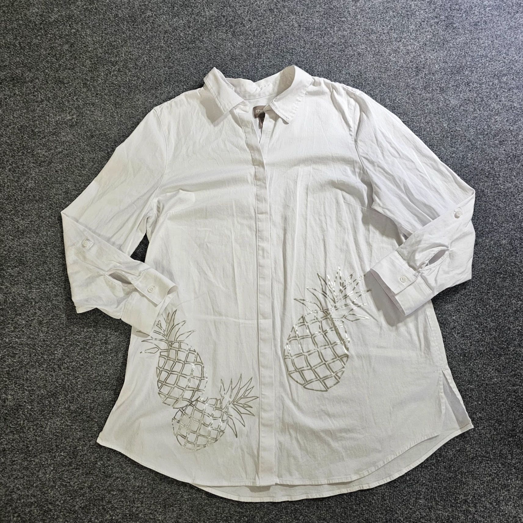 Vintage Chicos Top Tunic Shirt Womens XL White Pineapple Button Long Sleeve Classic Casual Size XL / US 12-14 / IT 48-50 - 2 Thumbnail
