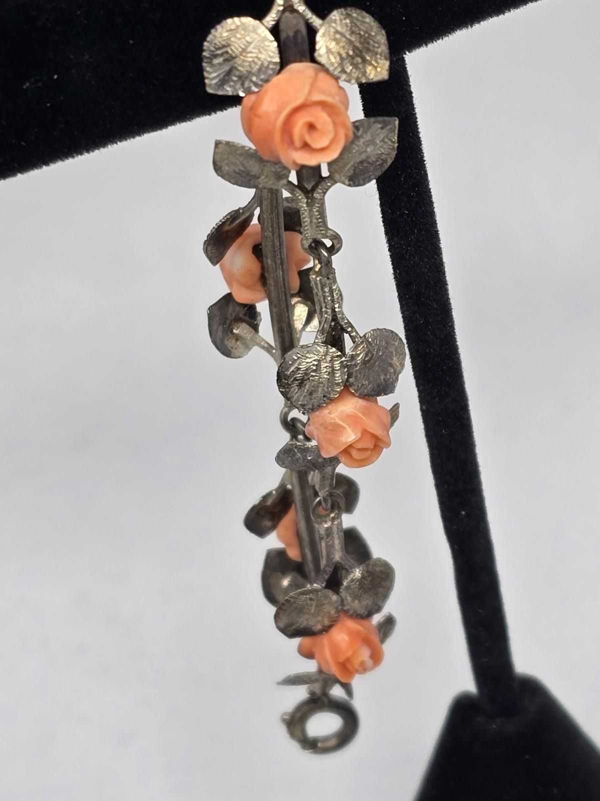 Antique Rivet Antique Sterling Silver Leaf Flower Bracelet Coral Roses Size ONE SIZE - 1 Thumbnail