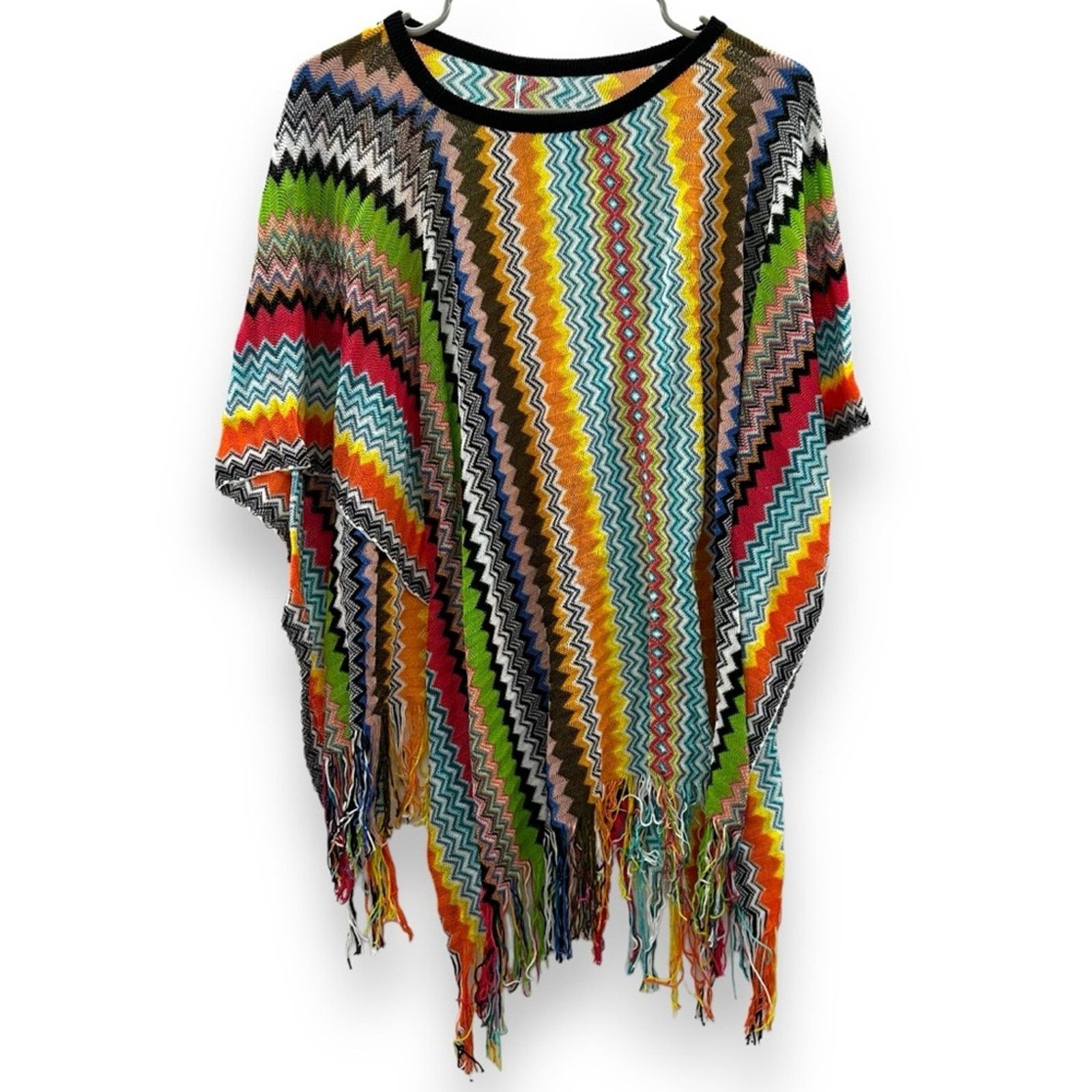 Missoni Multicolor Rainbow Chevron Fringe Pullover Poncho