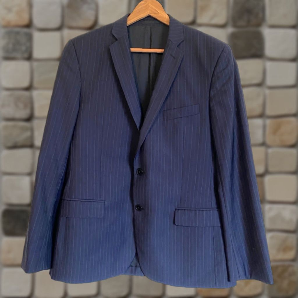 Versace VINTAGE Versace Collection Men's Wool Suit Jacket Navy 40 IT 50 Single-Breasted Two-Button Striped 3-Button Sleeve Regular Adult Mens Size 40R - 1 Thumbnail