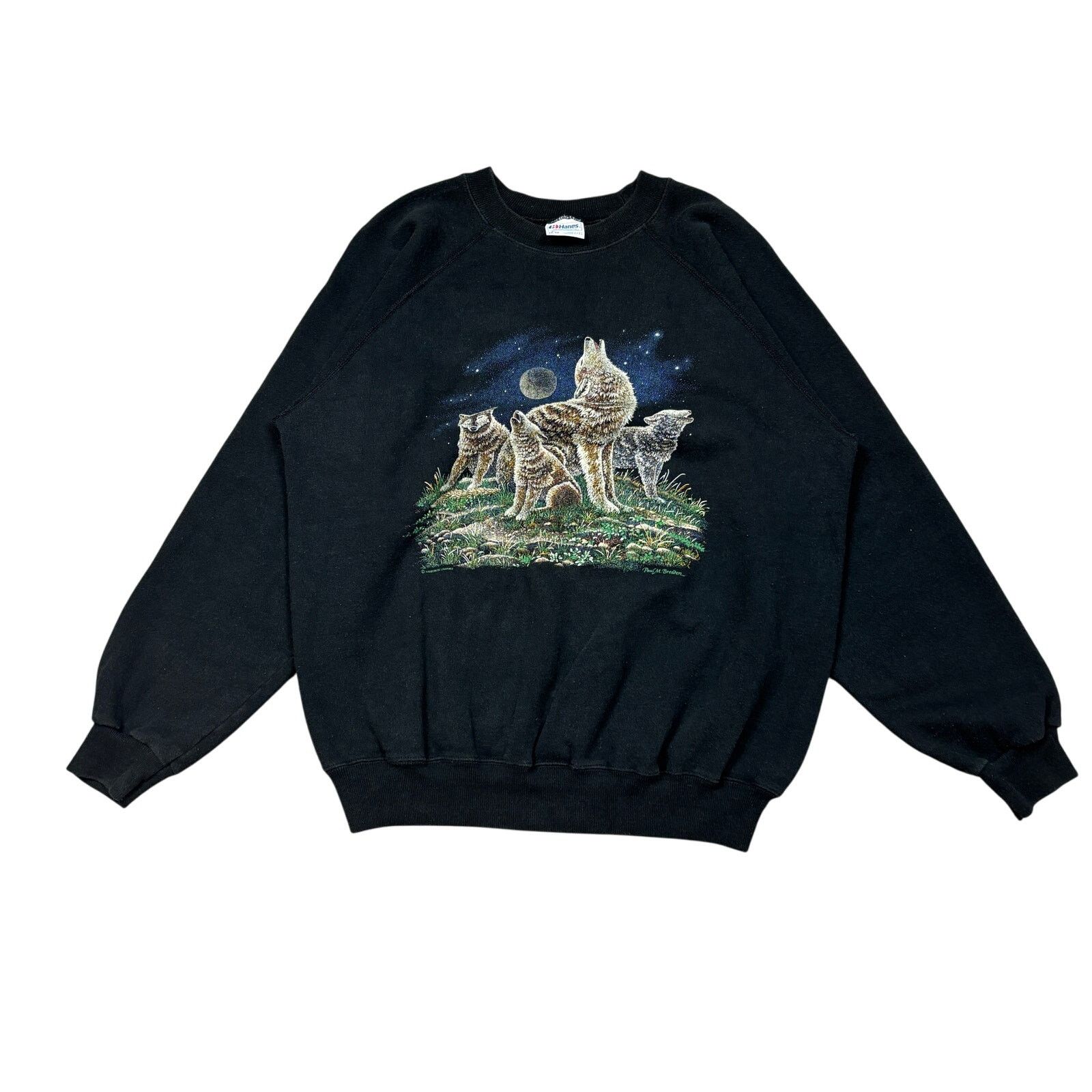 Hanes × Vintage Vintage 90s Wolf Howling Nature Crew Sweatshirt Men's XL Size US XL / EU 56 / 4 - 1 Thumbnail