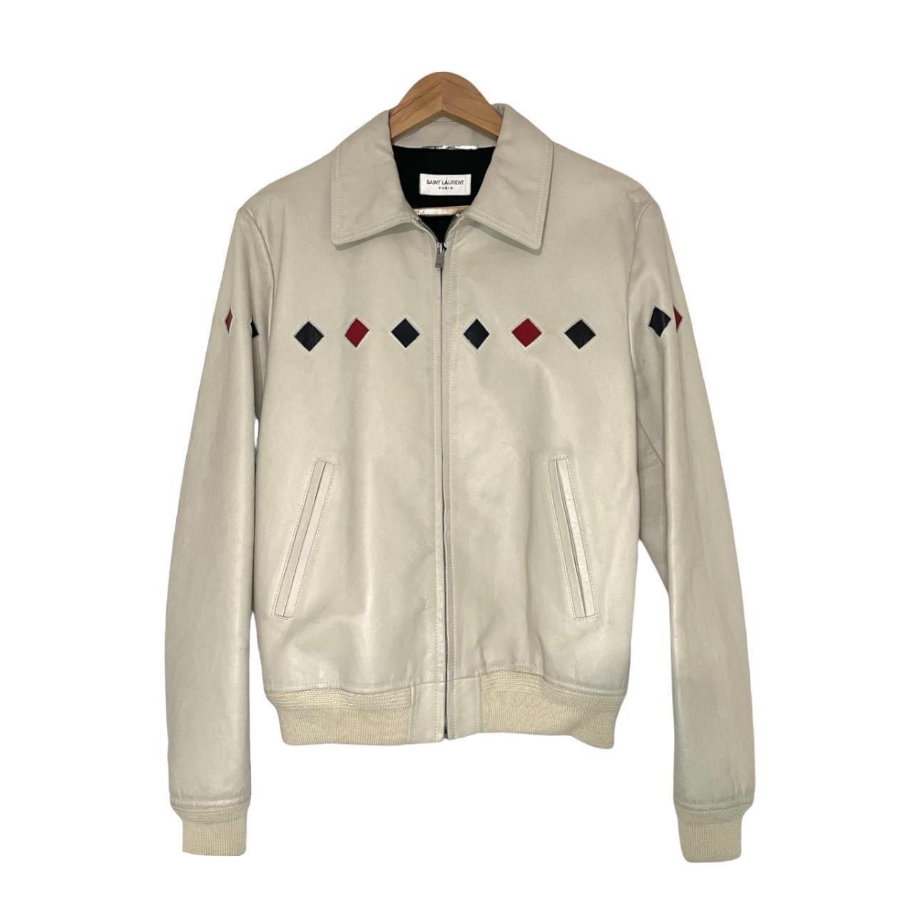 image of YVES Saint Laurent Diamond Teddy Leather Jacket in Cream, Men's (Size Medium)