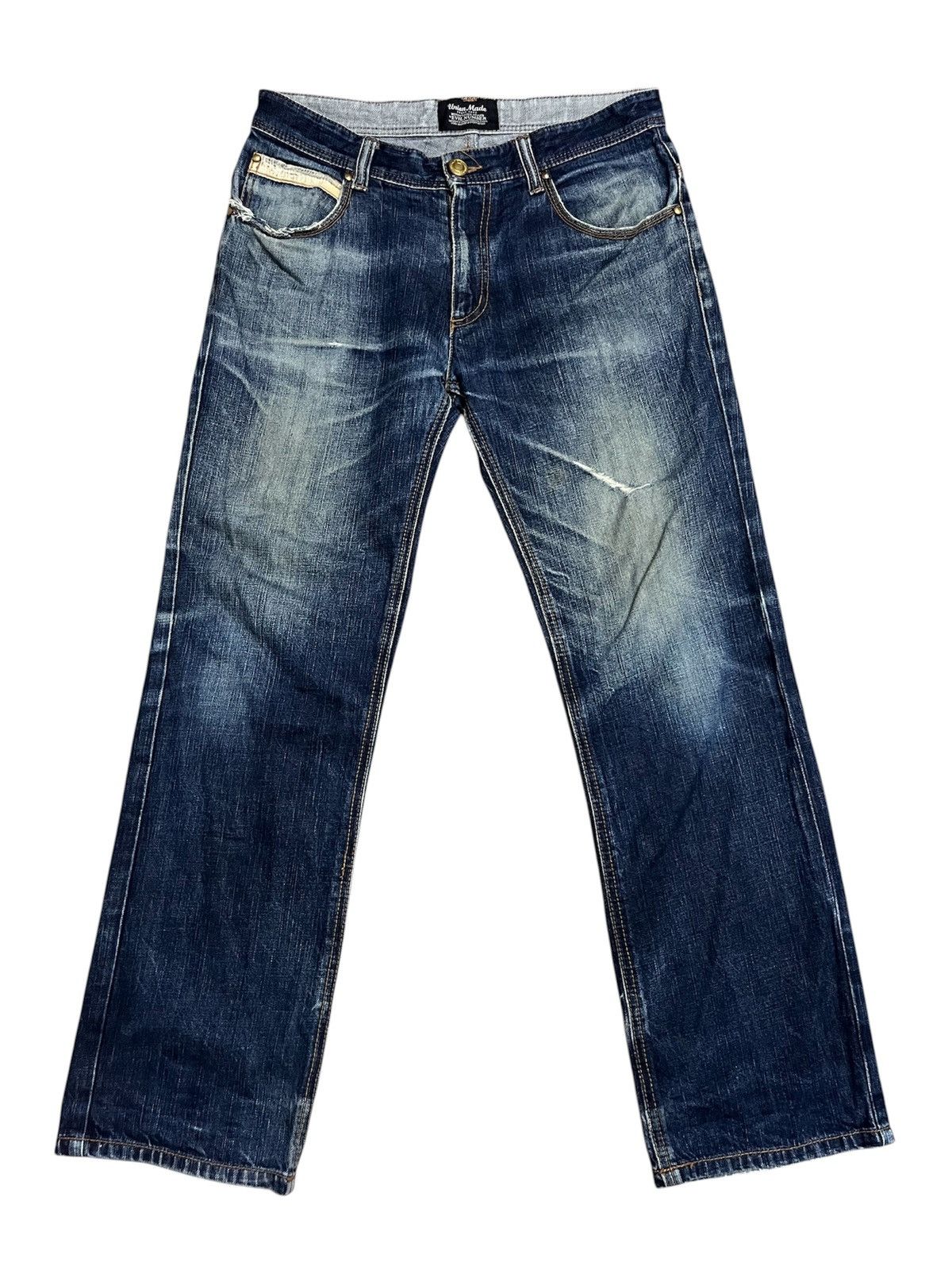 Japanese Brand Evil Number Japan union made distressed big e type fabric Size US 33 - 2 Thumbnail