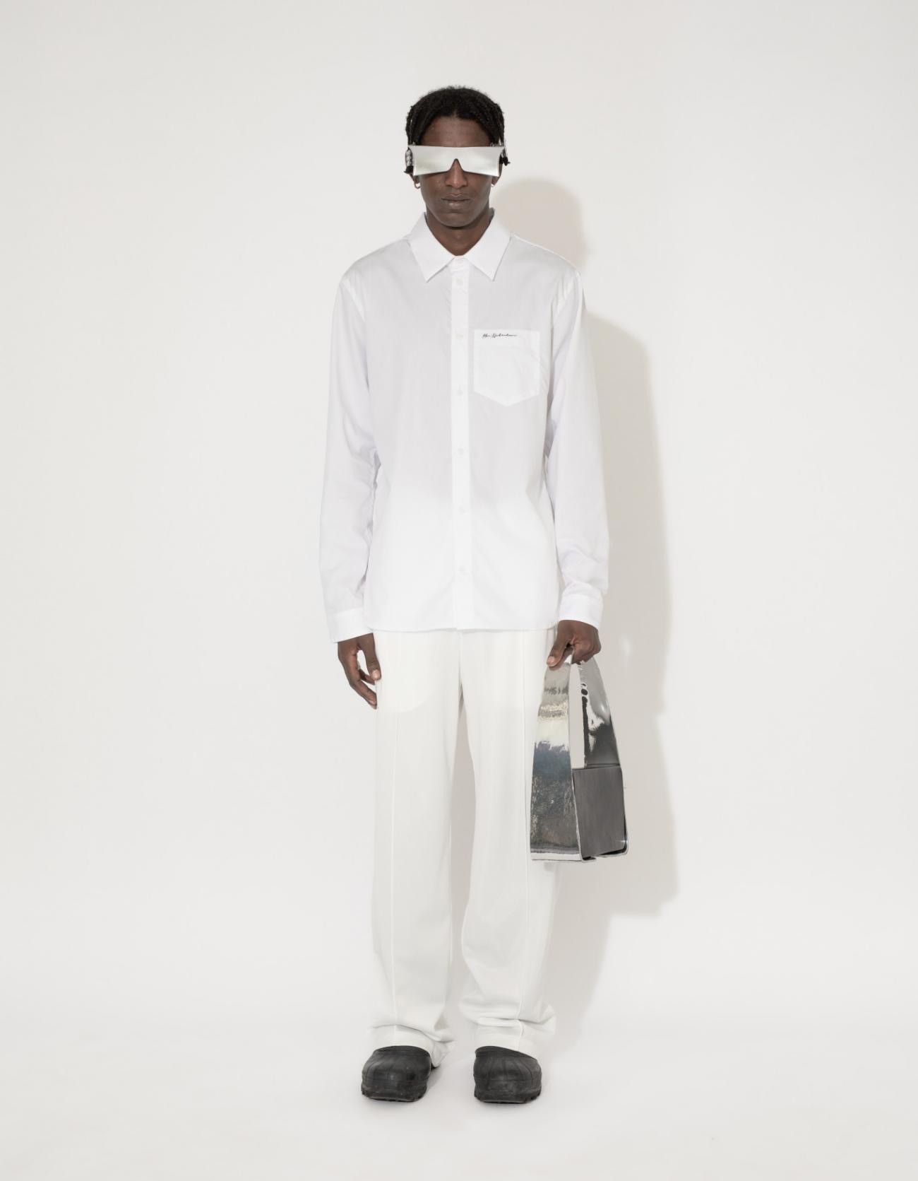 Image of ds! Fw22 Han Kjobenhavn Poplin Script Logo White Shirt, Men's (Size Small)