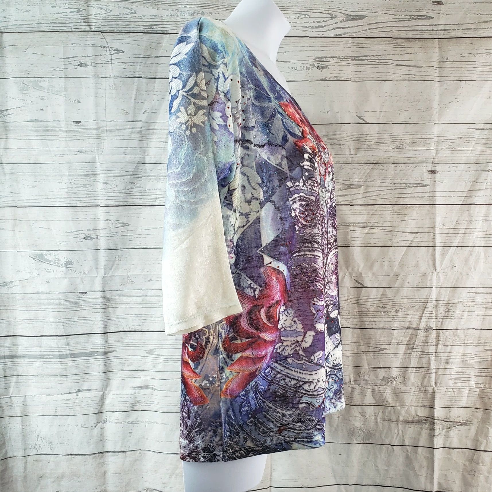 Mary McFadden Mary McFadden Womens Top 1X Blue Red Embellished 3/4 Sleeve T-Shirt Multicolor Casual Womens Size XL / US 12-14 / IT 48-50 - 3 Thumbnail
