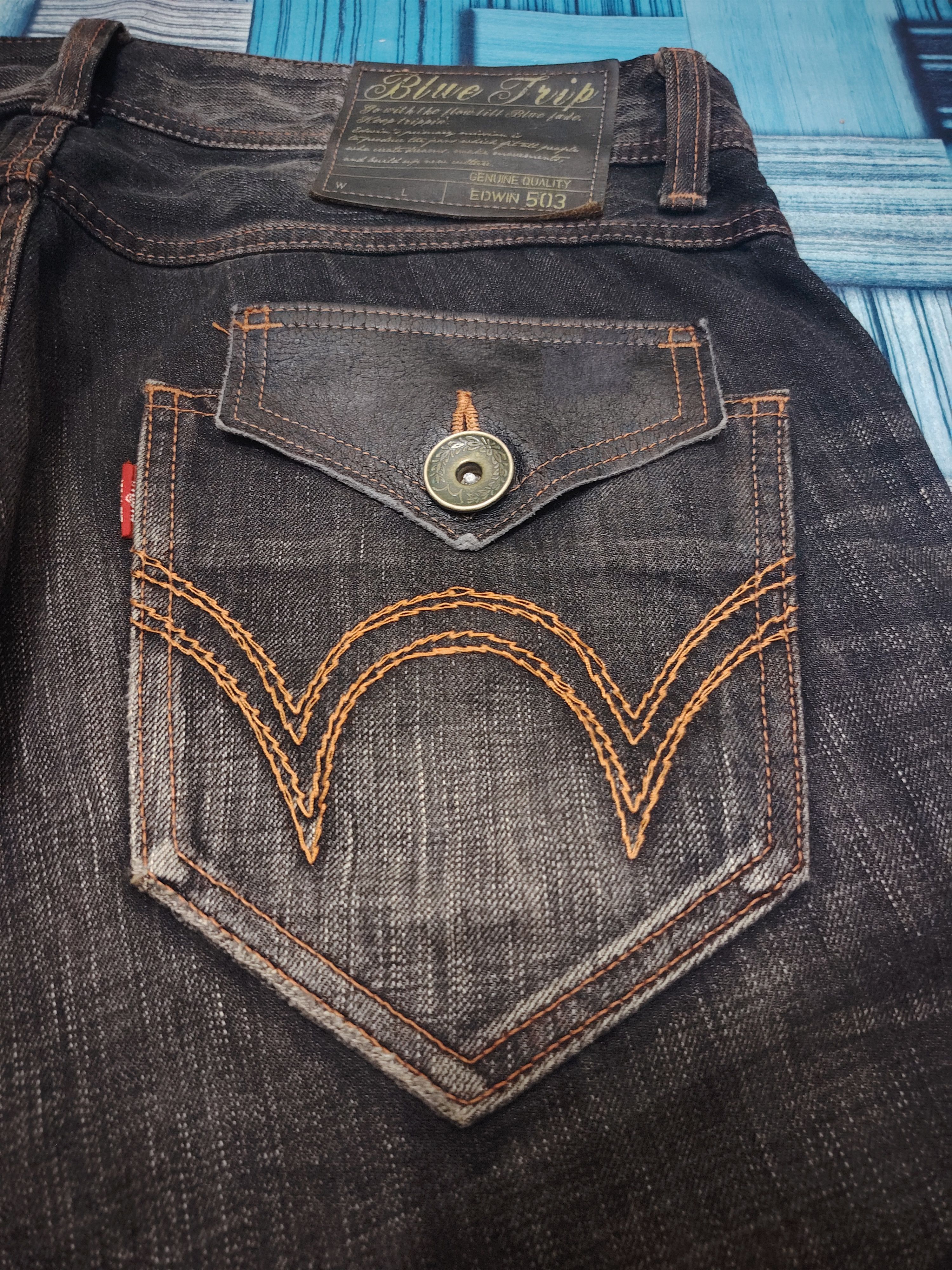 Edwin Japanese Edwin 503 Blue Trip Orange Stitch Flared Jeans Size US 35 - 15 Thumbnail
