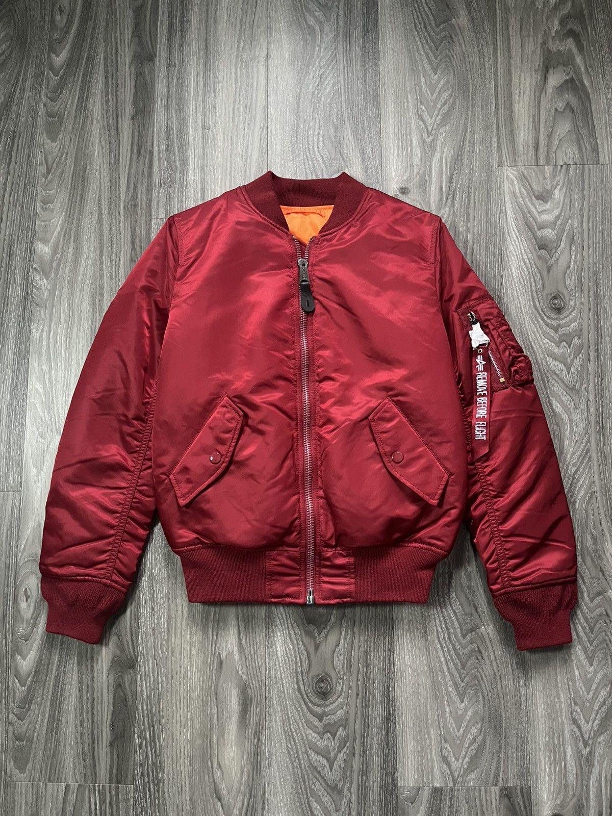 Burgundy Cropped Bomber W/ Orange Lining