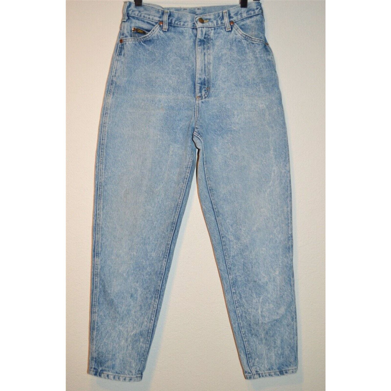 image of Vintage 80's Lee Light Wash Leather Patch Women's Denim Jeans Pants Size 13 30 X 29 in White