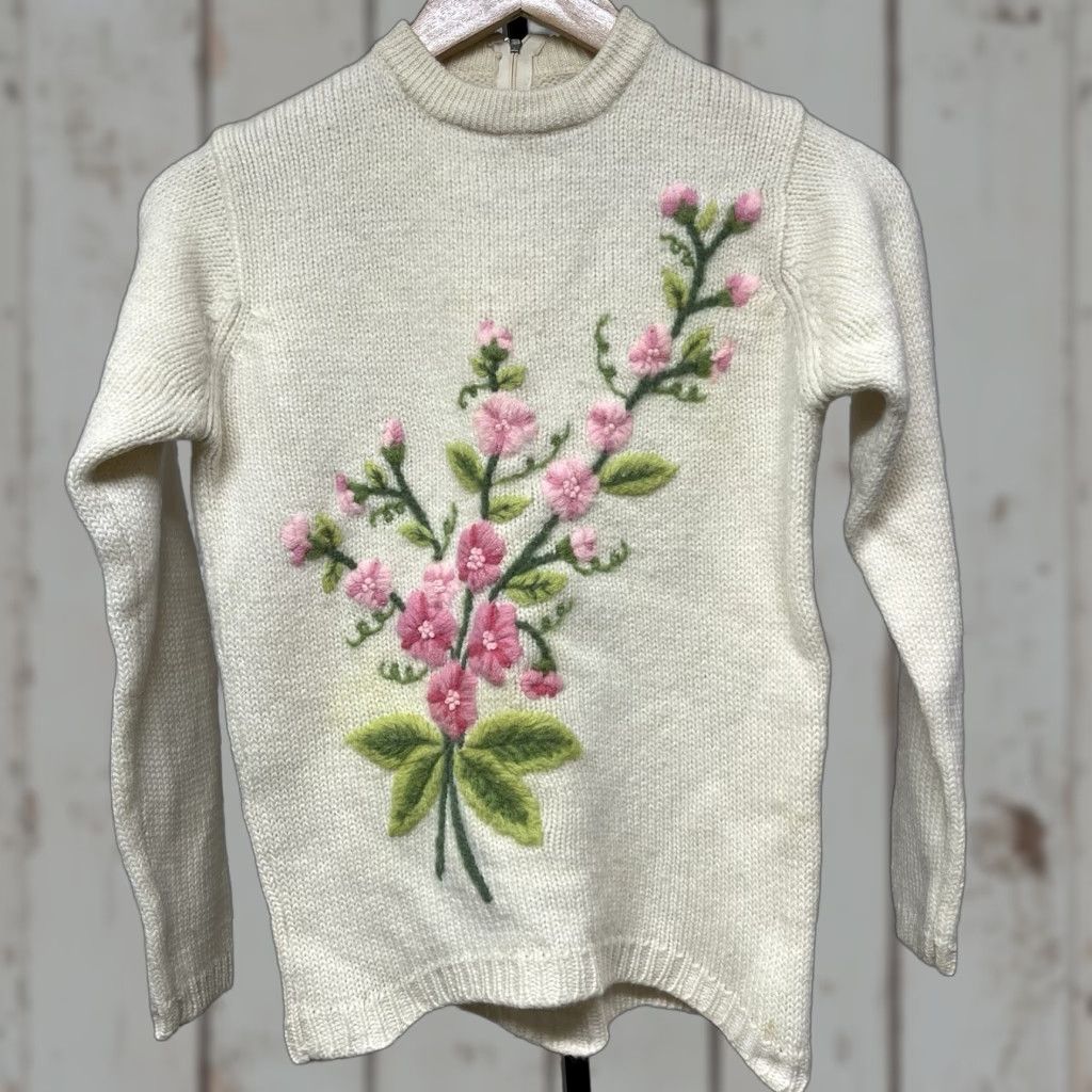 VINTAGE Corliss 60s Wool Crewneck Sweater Embroidered Flowers Multicolor Women Size S Casual Cardigan