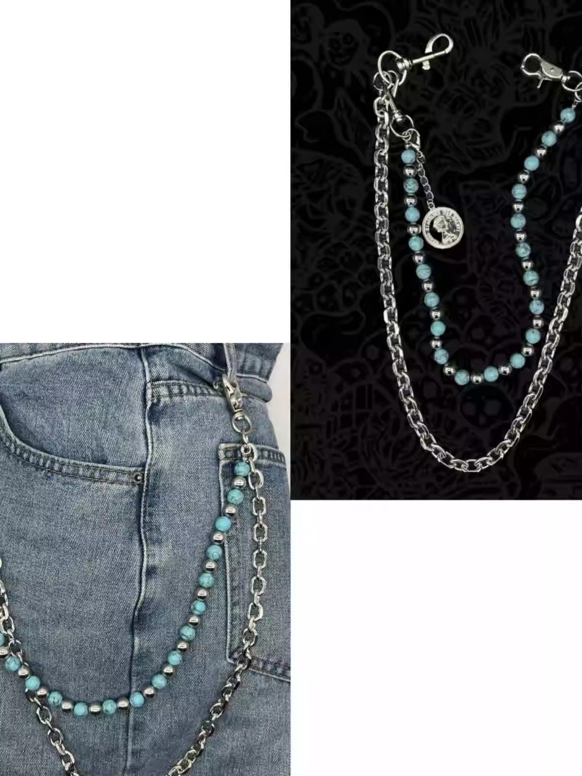 Vintage Black patterned turquoise handmade bead pants chain Size ONE SIZE - 4 Thumbnail