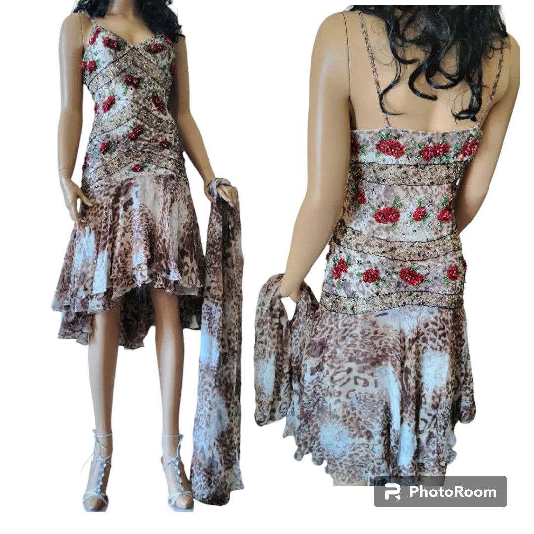 Leopard beaded slip dress sz M Spaghetti straps