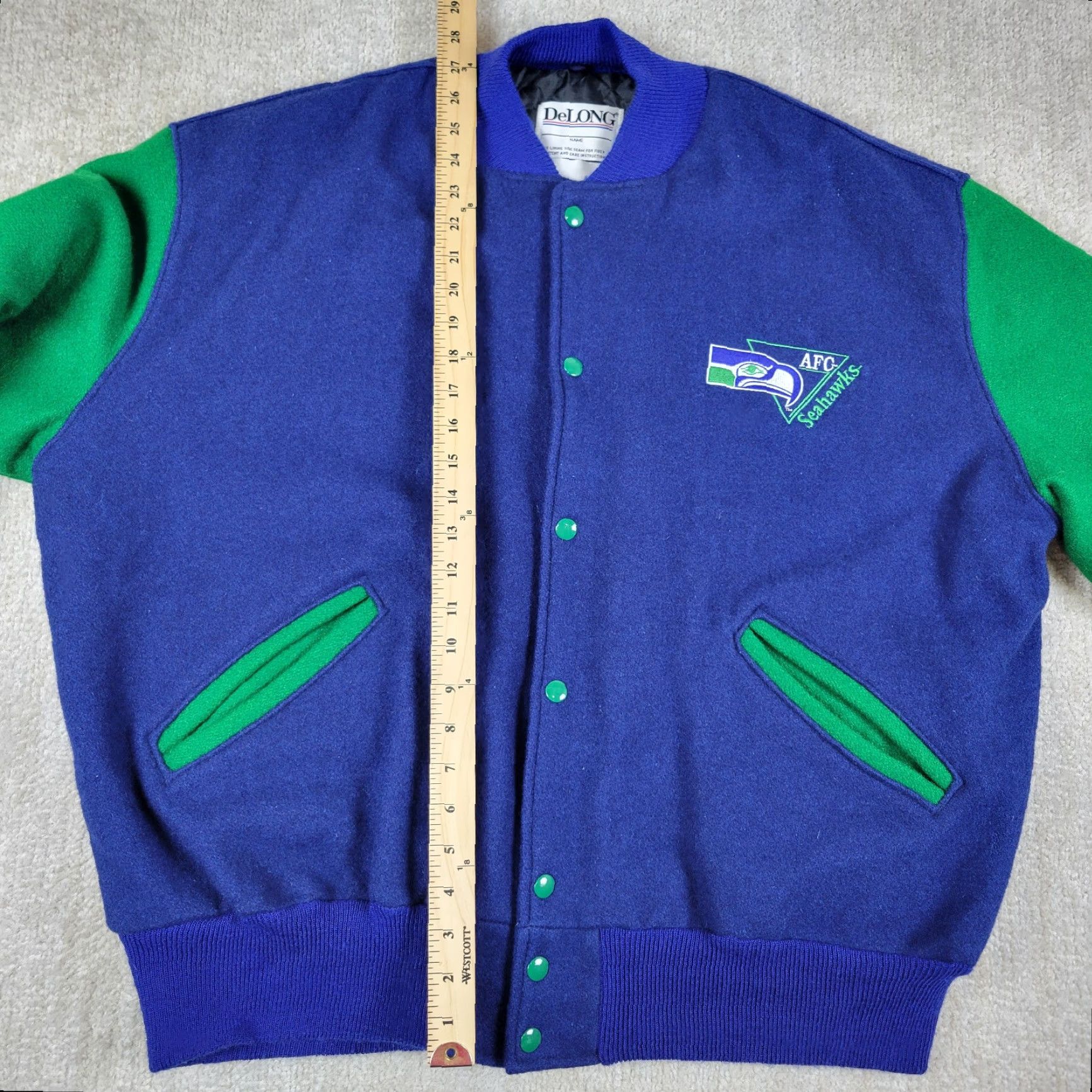 Vintage VINTAGE DeLong Seattle Seahawks Wool Varsity Jacket Mens XL Blue Green Snap USA 70s Size US XL / EU 56 / 4 - 5 Thumbnail