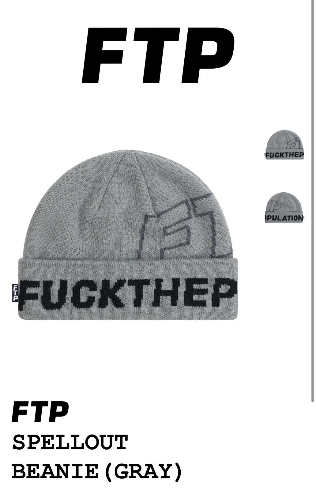 Fuck The Population FTP SPELLOUT BEANIE (GRAY) Size ONE SIZE - 3 Thumbnail