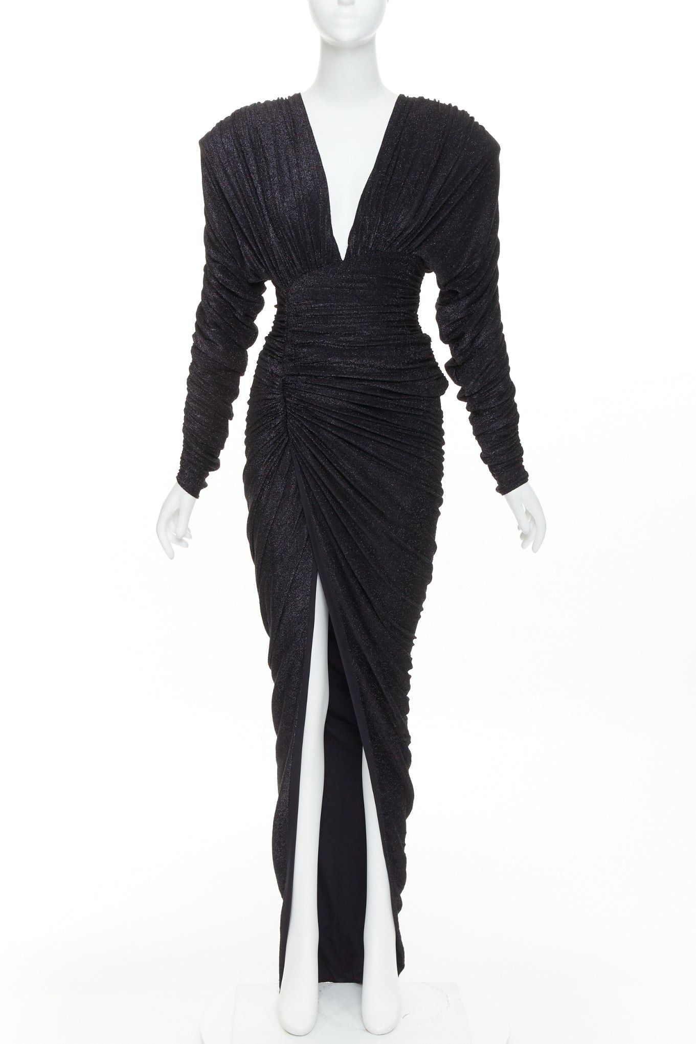 Alexandre Vauthier ALEXANDRE VAUTHIER black metallic lurex Power shoulder padded wrap draped slit gown dress Size S / US 4 / IT 40 - 1 Thumbnail