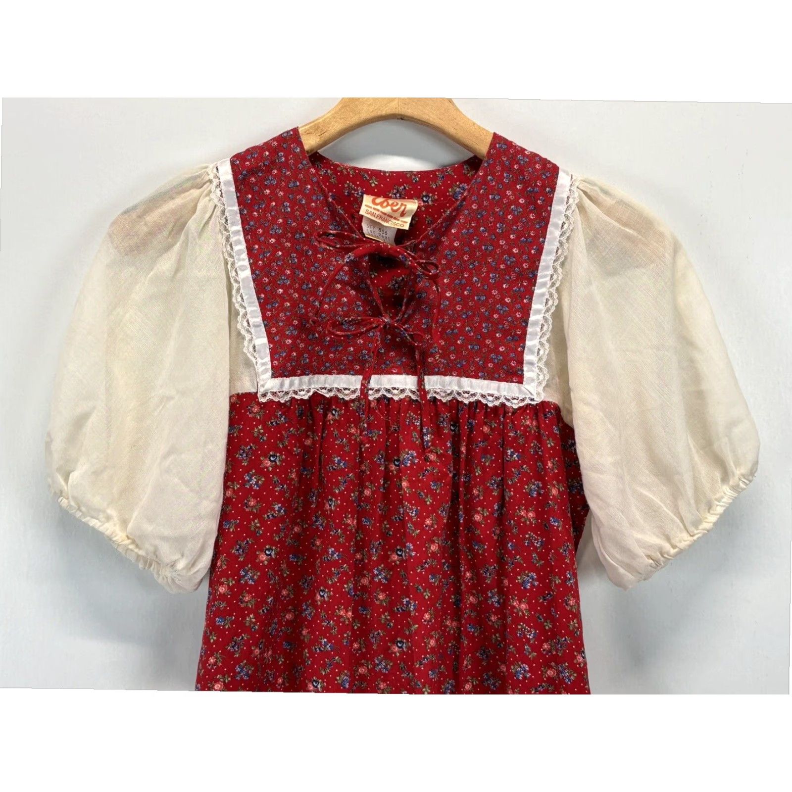 Vintage VINTAGE Eber San Francisco Prairie Floral Dress Set Girls Size 7 Red Cotton 1980s Size ONE SIZE - 4 Thumbnail