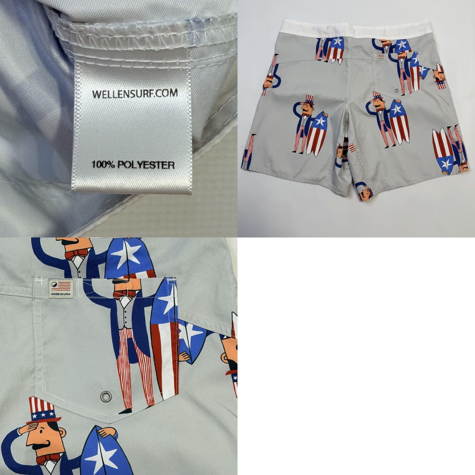 Vintage Wellen Mens 36 Gray Board Shorts USA Flag Patriotic Quick Dry Swim Trunks Made In USA 100% Poly Short Size US 36 / EU 52 - 8 Thumbnail