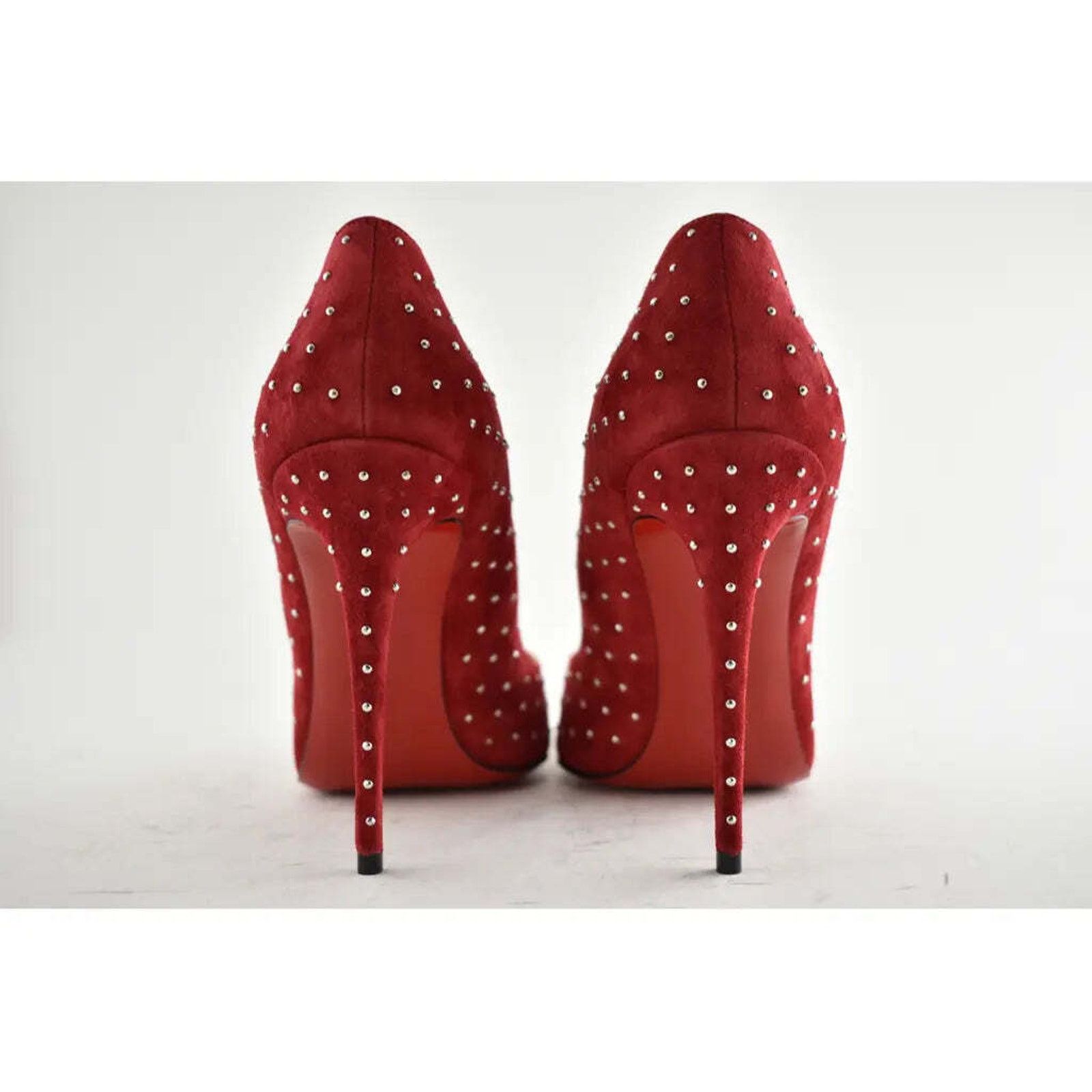 Christian Louboutin Hot Chick Plume 100 Red Carmen Stud Suede Heel Pump 40 Size US 10 / IT 40 - 10 Thumbnail