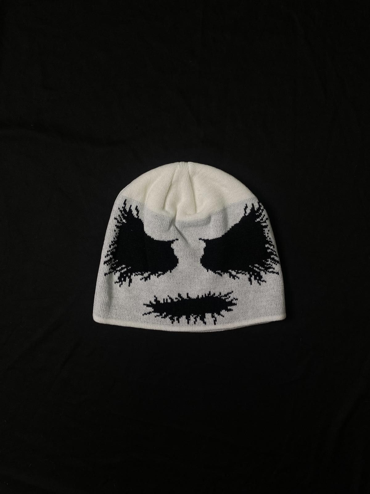 Japanese Brand Rare Black Distorted Face No Cuff Knit White Beanie OS Size ONE SIZE - 1 Thumbnail