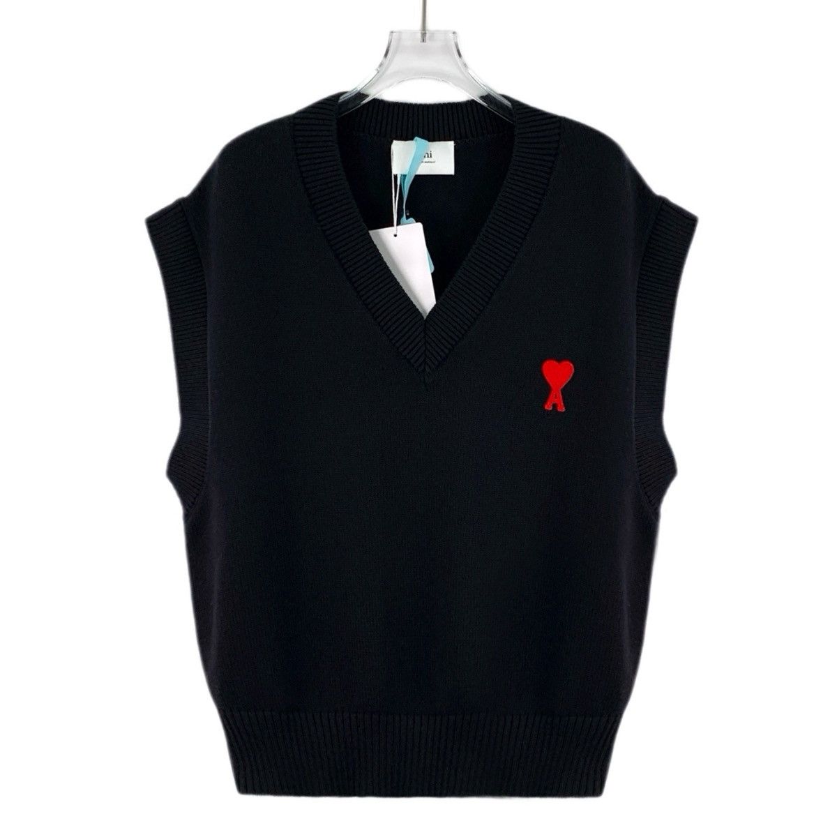 AMI Ami Black Heart Cotton V-neck Sleeveless Knit Vest K26WX Size US L / EU 52-54 / 3 - 1 Thumbnail