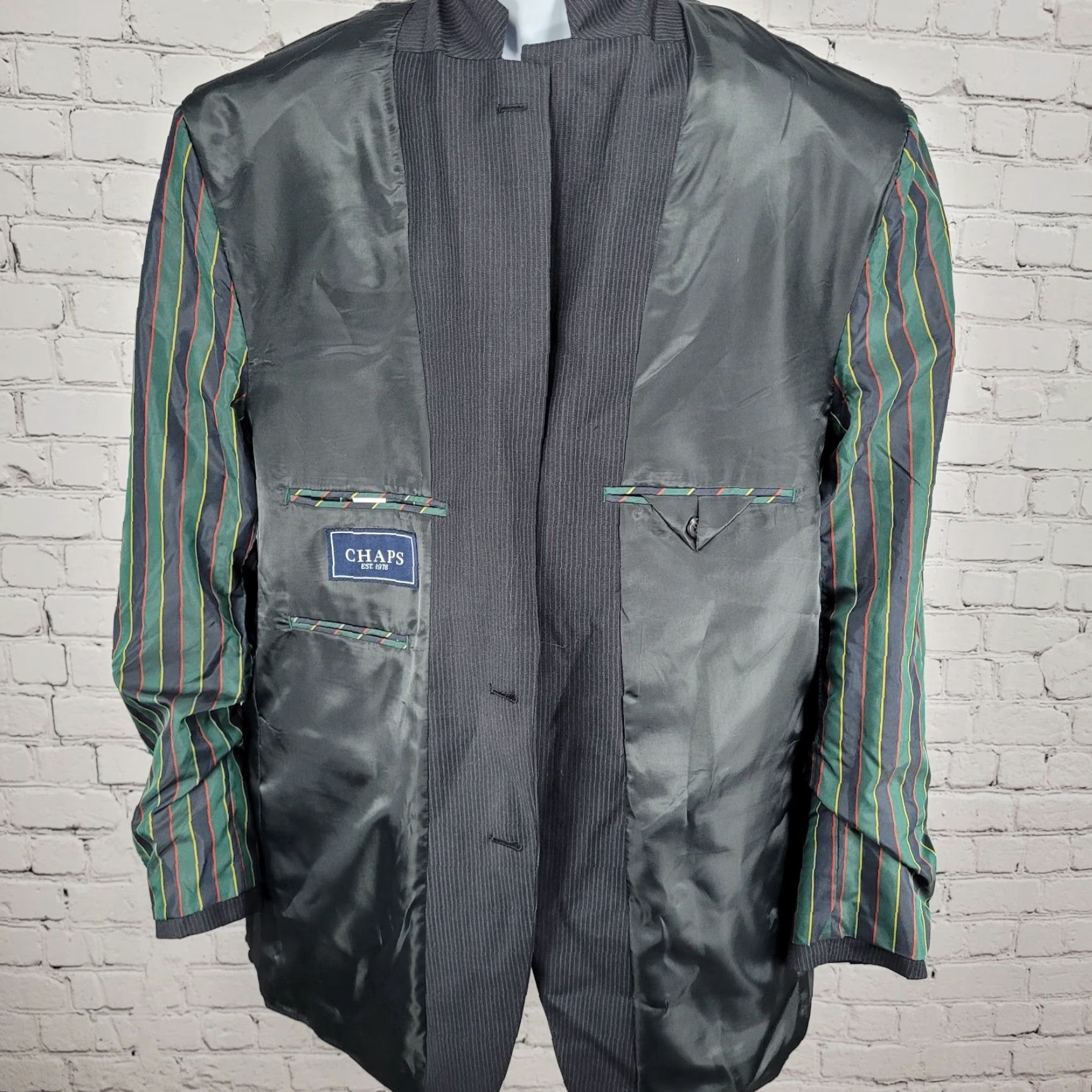 Chaps Chaps Black Wool Blend Pinstriped 2 Button Vented Notch Blazer Sport Coat 46L Mens Size 46R - 5 Thumbnail