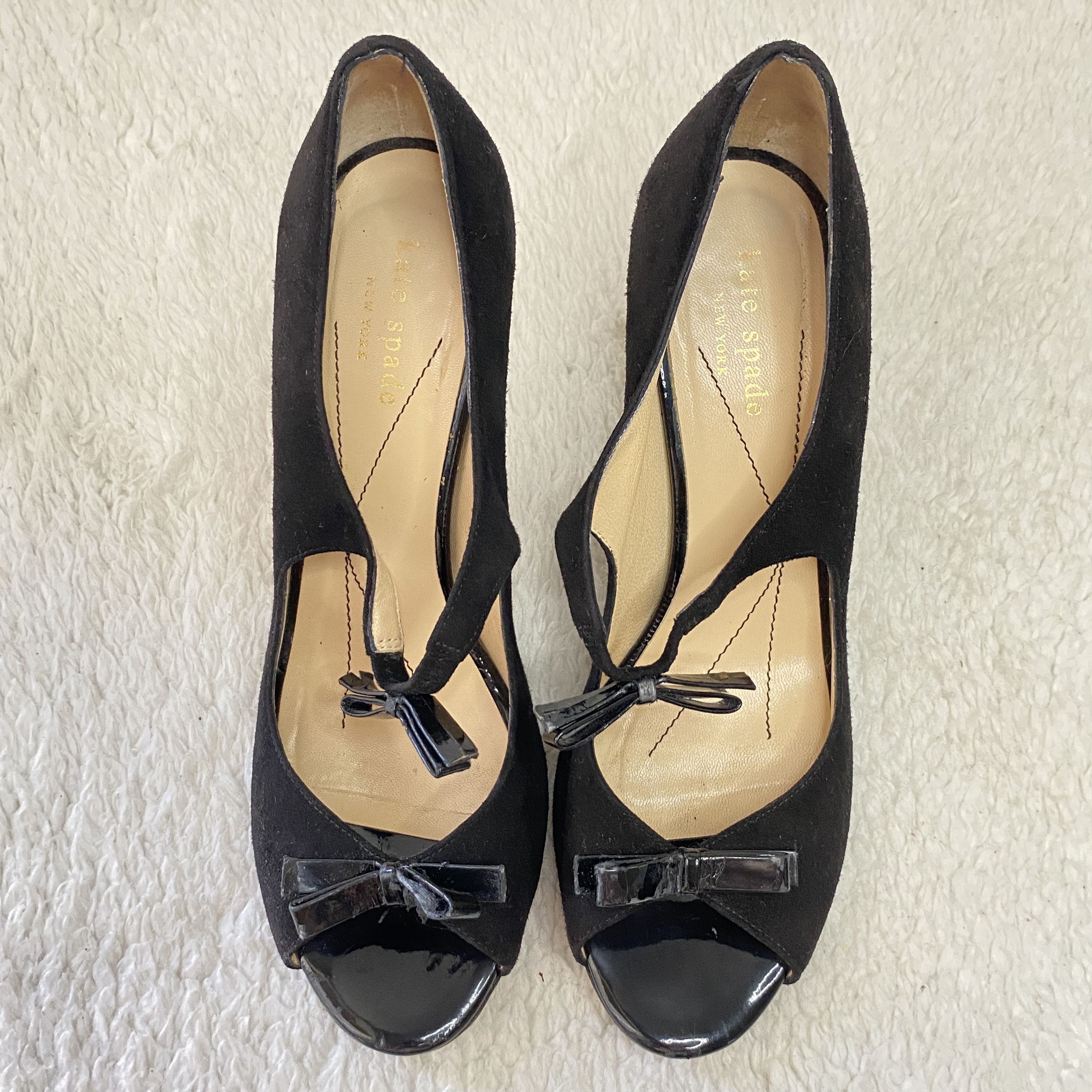 Kate Spade Kate Spade Black Suede Patent Leather Peep Toe Bow Pumps Size US 7.5 / IT 37.5 - 3 Thumbnail