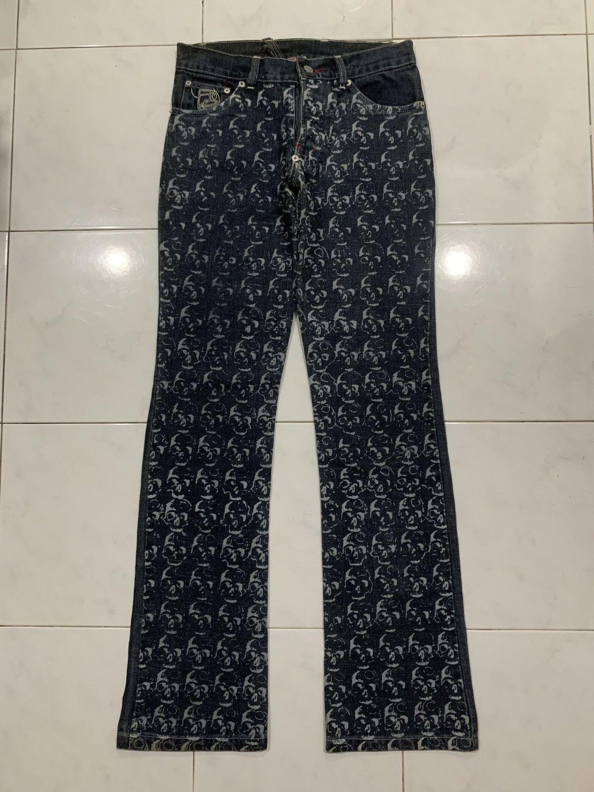 Japanese Brand Vintage Buddhist Punk Skull All Over Print Flared Jeans Size US 27 - 2 Thumbnail