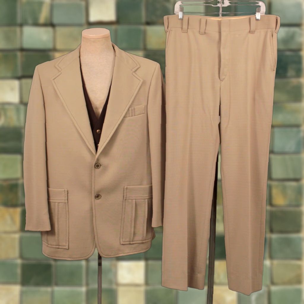 VINTAGE Men's VTG 70s Khaki & Brown 3 PC Leisure Suit Sz L 1970s Disco Polyester