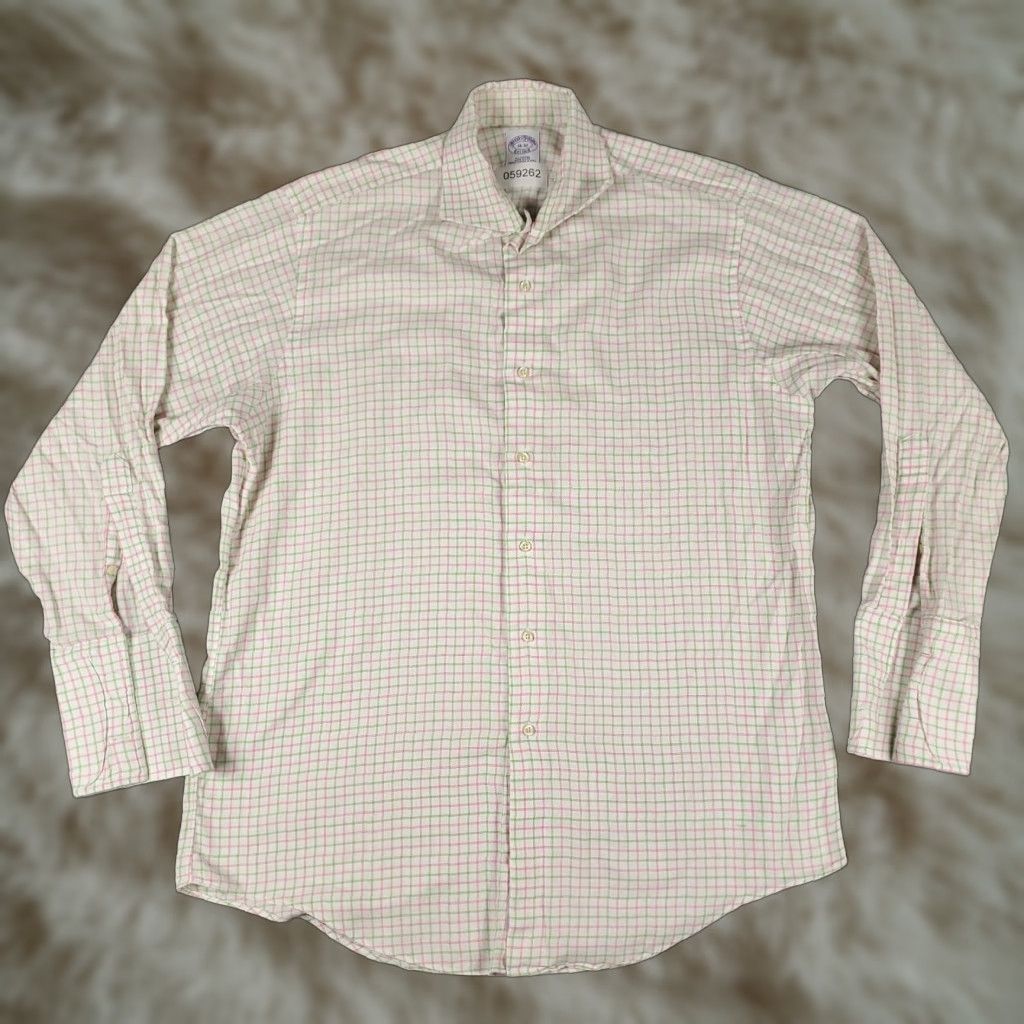 Brooks Brothers BROOKS BROTHERS Shirt Men 16 Green Pink Check French Cuff Dress Button Up Regular 100% Cotton Vintage: No Men Size 42R - 1 Thumbnail