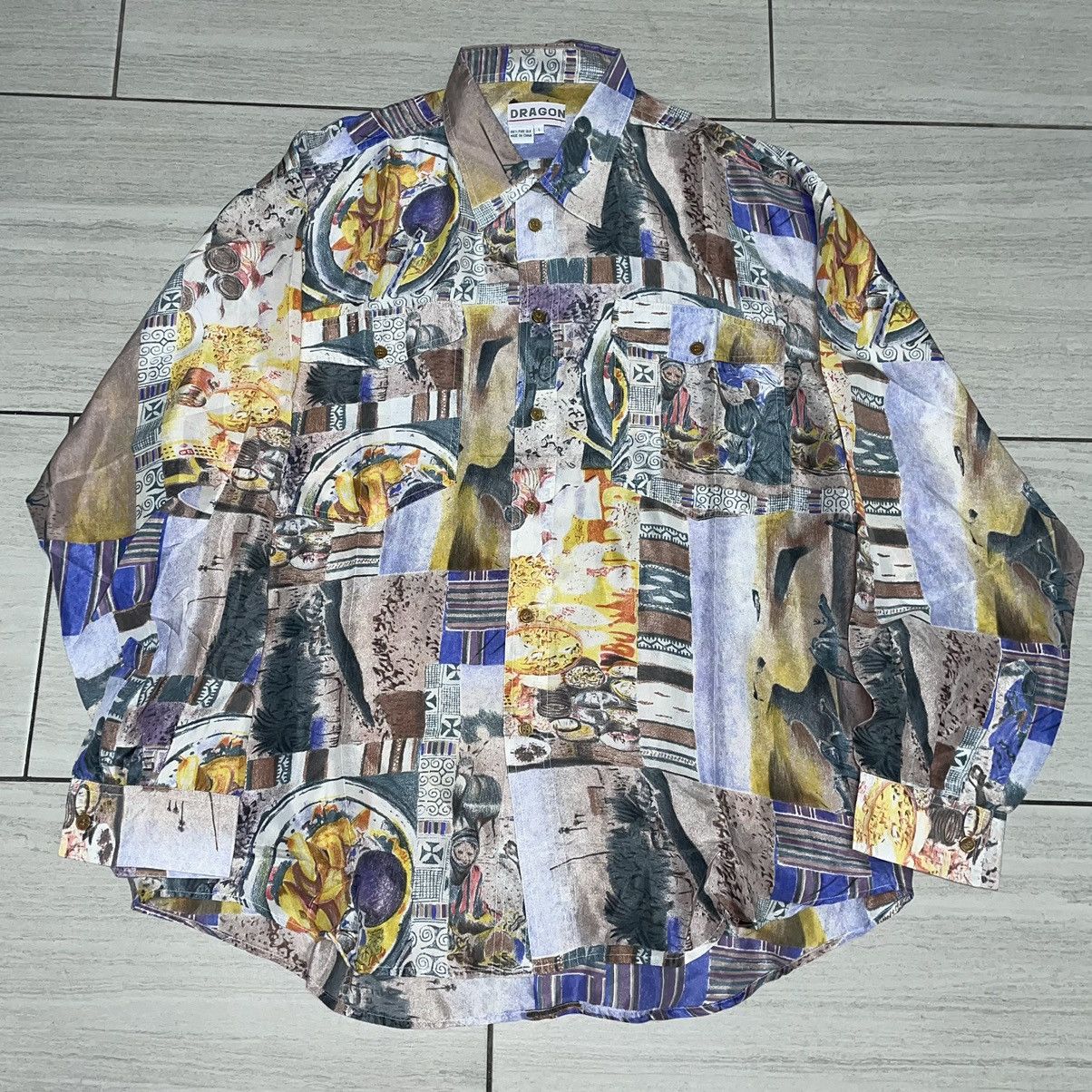 image of Vintage Dragon Pure Silk Cultural Button Up in Off White, Men's (Size Large)