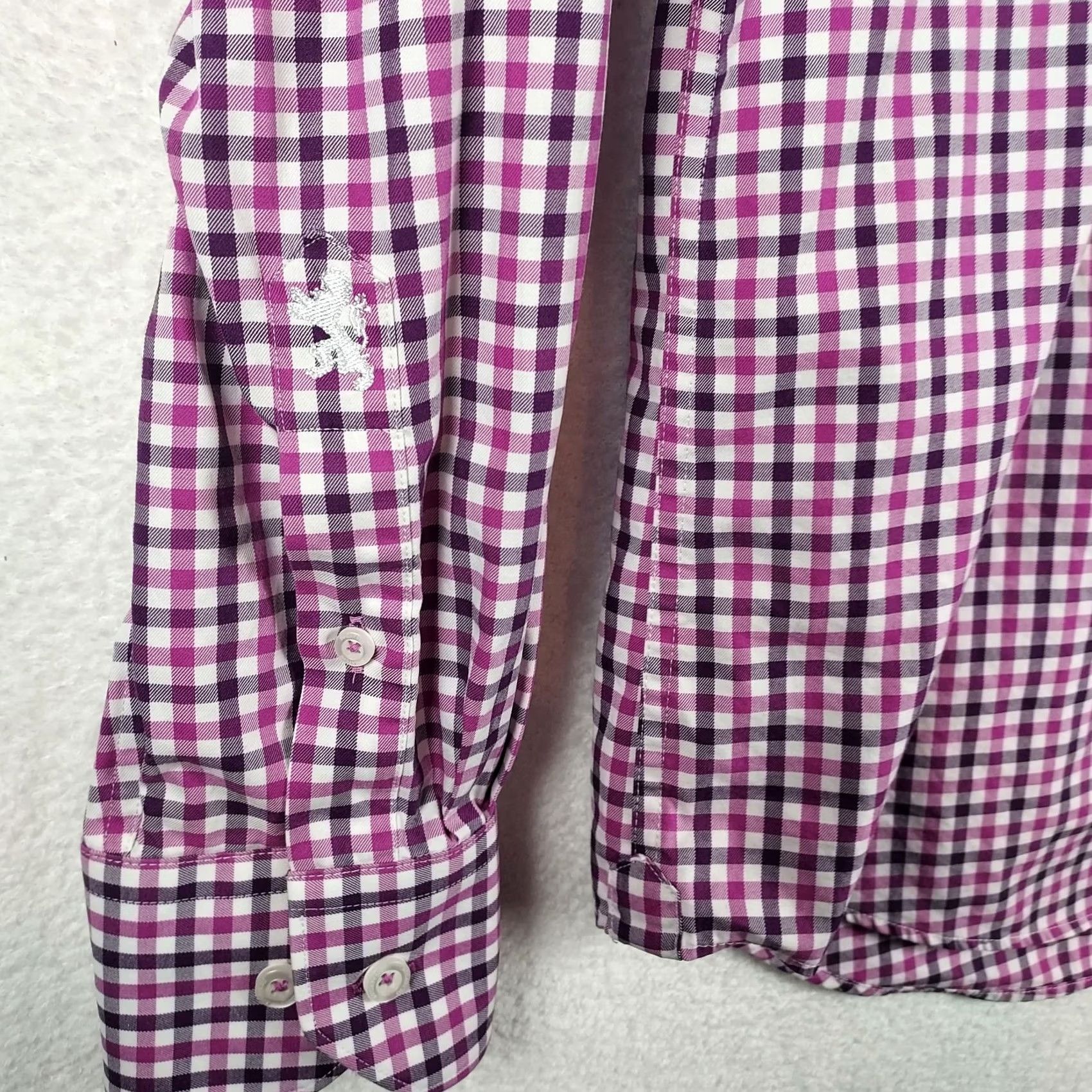 BUGATCHI Bugatchi Uomo Men’s 100% Cotton Pink Purple Check Button-Down Shirt Slim Fit Shirt L Pink Purple Check Men’s Shirt 15.5 Neck Mens Regular Fit Bant Size US L / EU 52-54 / 3 - 3 Thumbnail